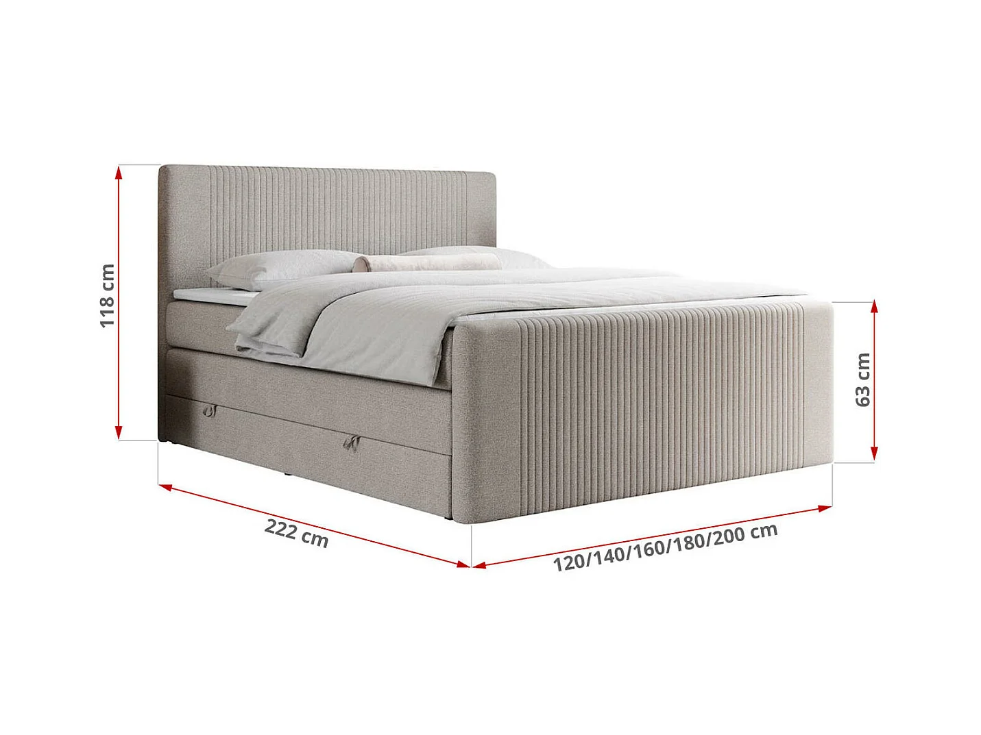 Boxspringbett DOREN KING - mit gesteppter Front und Kopfteil, zwei Multipocket-Matratzen und Topper, Doppelbett - 160x200 cm - H4 - Beige Strukture