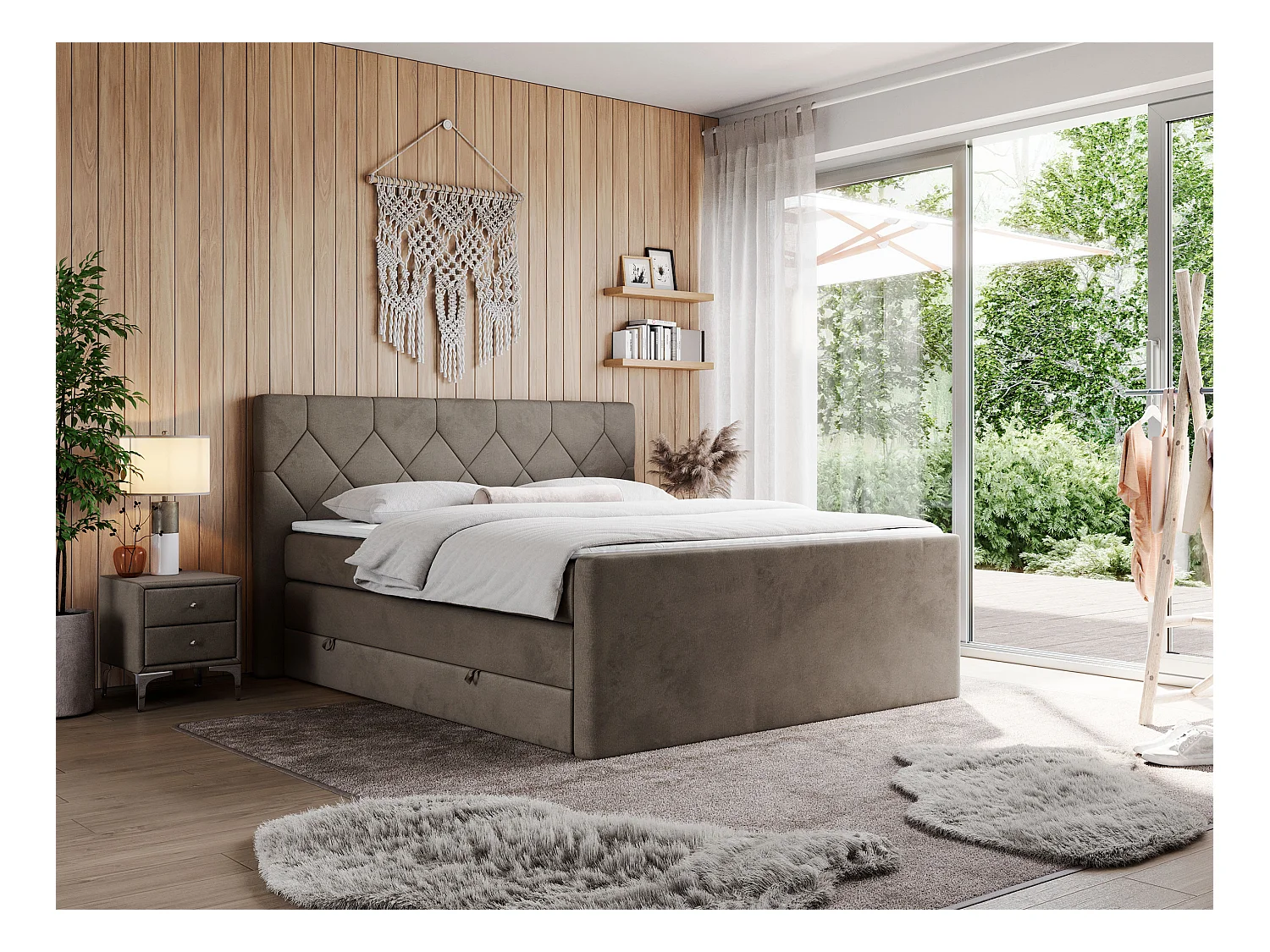 Boxspringbett EIGAR KING - Doppelbett mit genähtem Kopfteil, zwei Multipocket-Matratzen, Polsterbett für Schlafzimmer - 180x200 cm - H4 - Braun Velvet