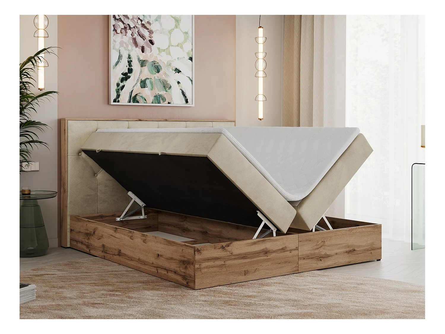 Boxspringbett VENETO - gestepptem Kopfteil, Set mit Multipocket-Matratze und Topper, Holzrahmen, zwei Bettkästen - 160x200 cm - H4 - Beige Velvet