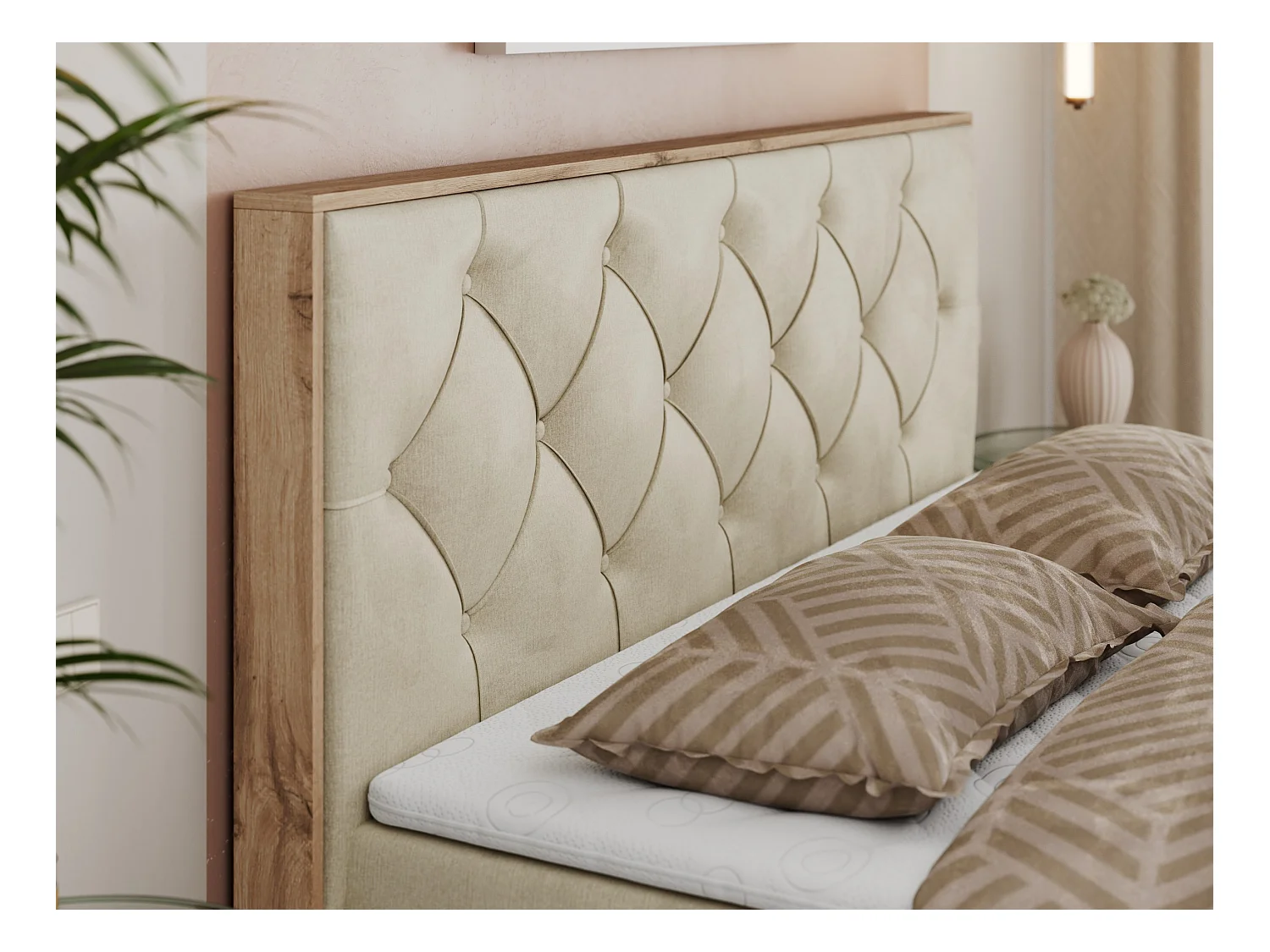 Boxspringbett VENETO - gestepptem Kopfteil, Set mit Multipocket-Matratze und Topper, Holzrahmen, zwei Bettkästen - 160x200 cm - H4 - Beige Velvet