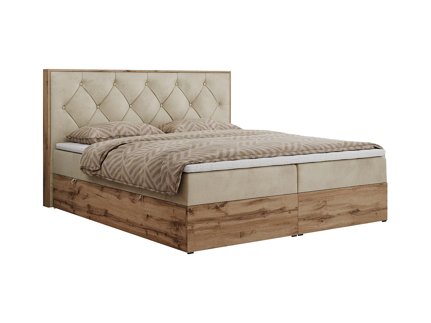 Boxspringbett VENETO - gestepptem Kopfteil, Set mit Multipocket-Matratze und Topper, Holzrahmen, zwei Bettkästen - 160x200 cm - H4 - Beige Velvet