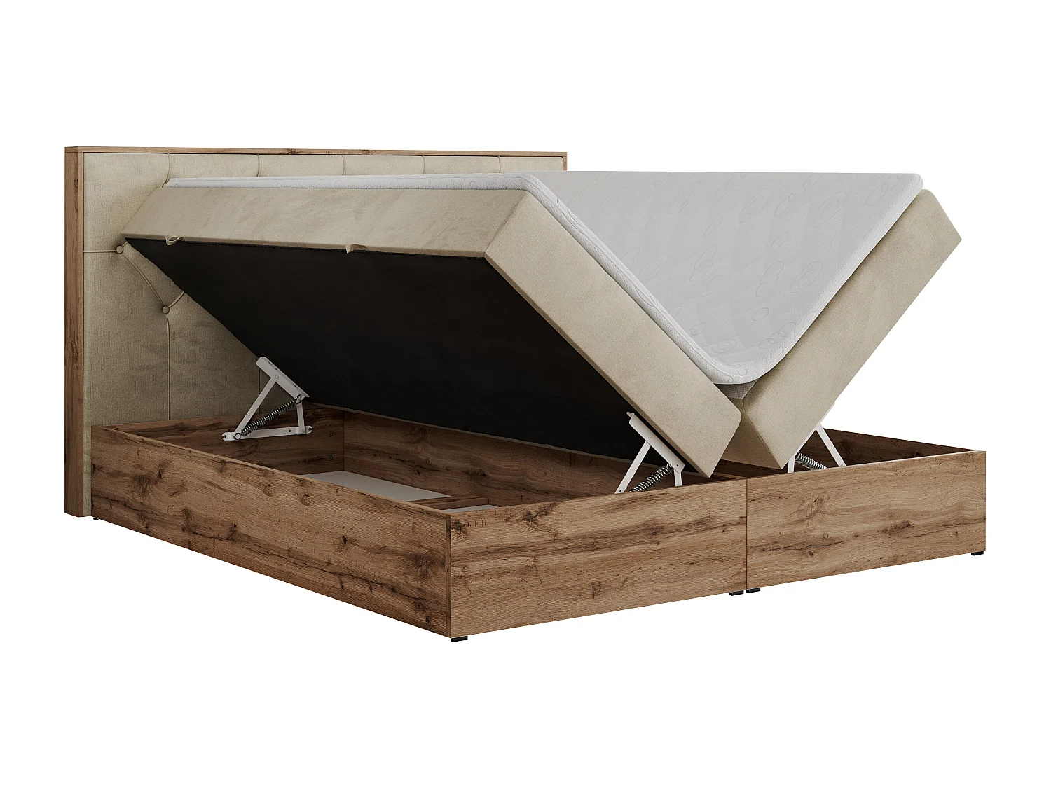 Boxspringbett VENETO - gestepptem Kopfteil, Set mit Multipocket-Matratze und Topper, Holzrahmen, zwei Bettkästen - 160x200 cm - H4 - Beige Velvet