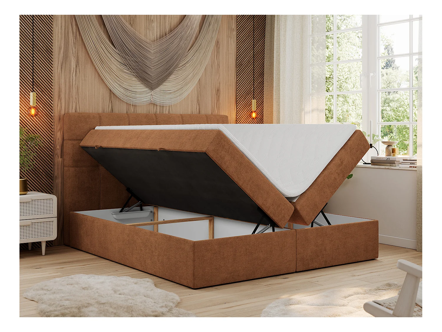 Boxspringbett ERNI - mit gestepptem Kopfteil, Polsterbett, Multipocket-Matratze und Topper, Bettkästen - 120x200 cm - H4 - Orange Stukture