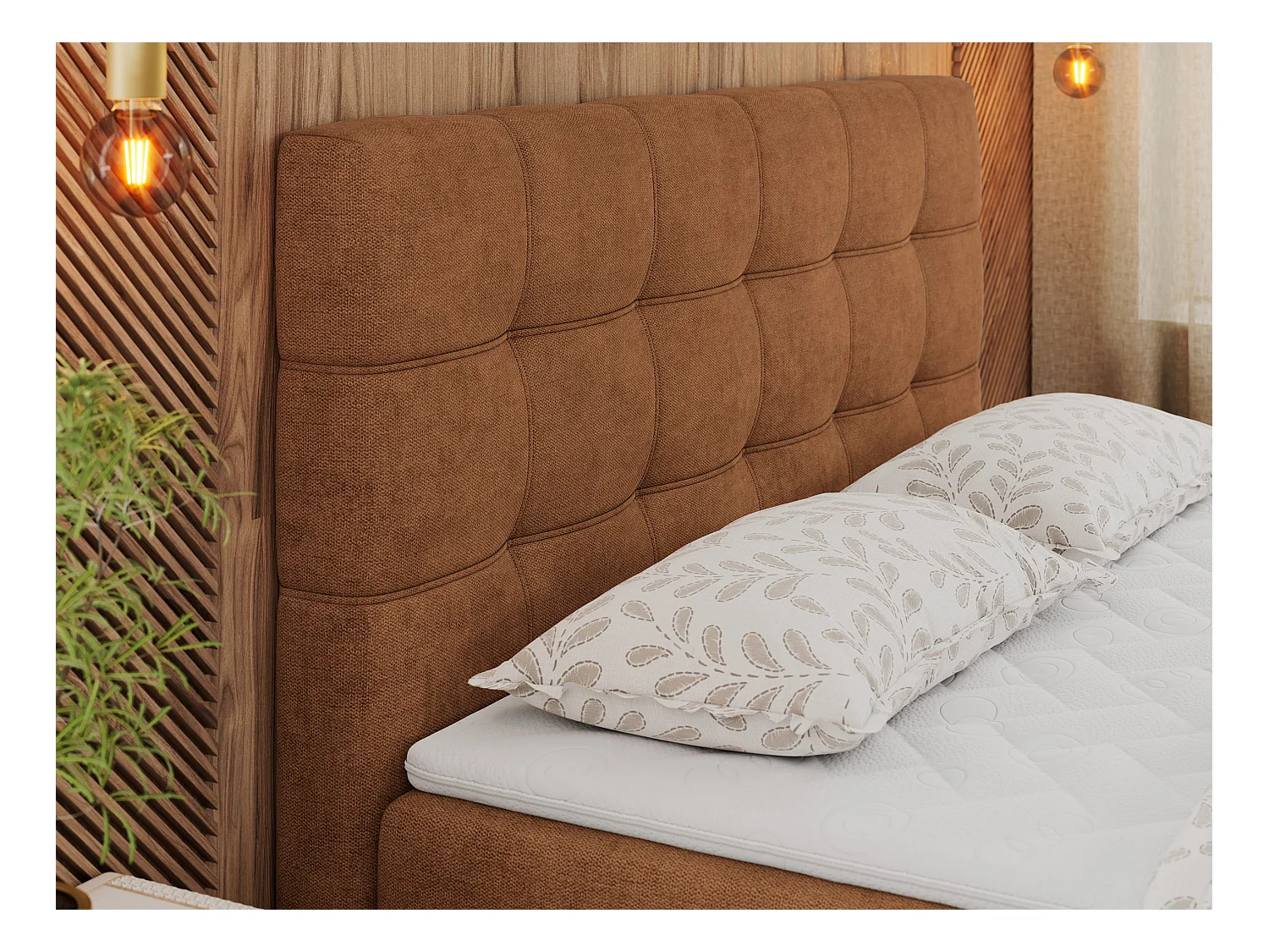 Boxspringbett ERNI - mit gestepptem Kopfteil, Polsterbett, Multipocket-Matratze und Topper, Bettkästen - 120x200 cm - H4 - Orange Stukture