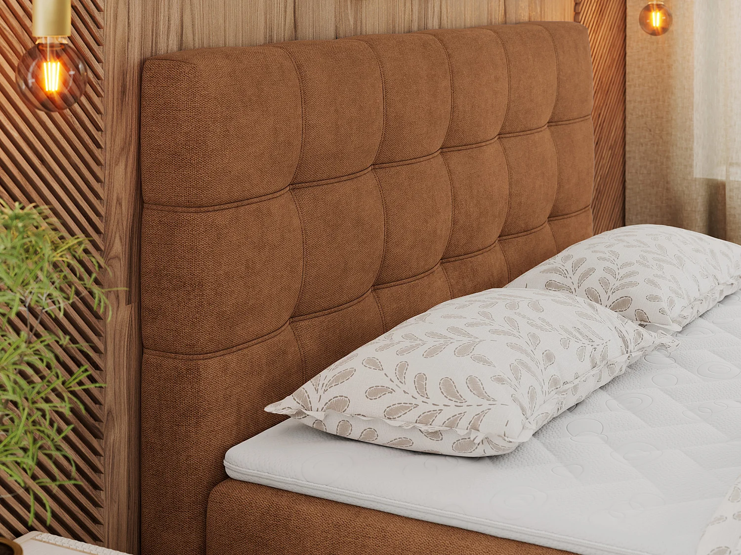 Boxspringbett ERNI - mit gestepptem Kopfteil, Polsterbett, Multipocket-Matratze und Topper, Bettkästen - 120x200 cm - H4 - Orange Stukture