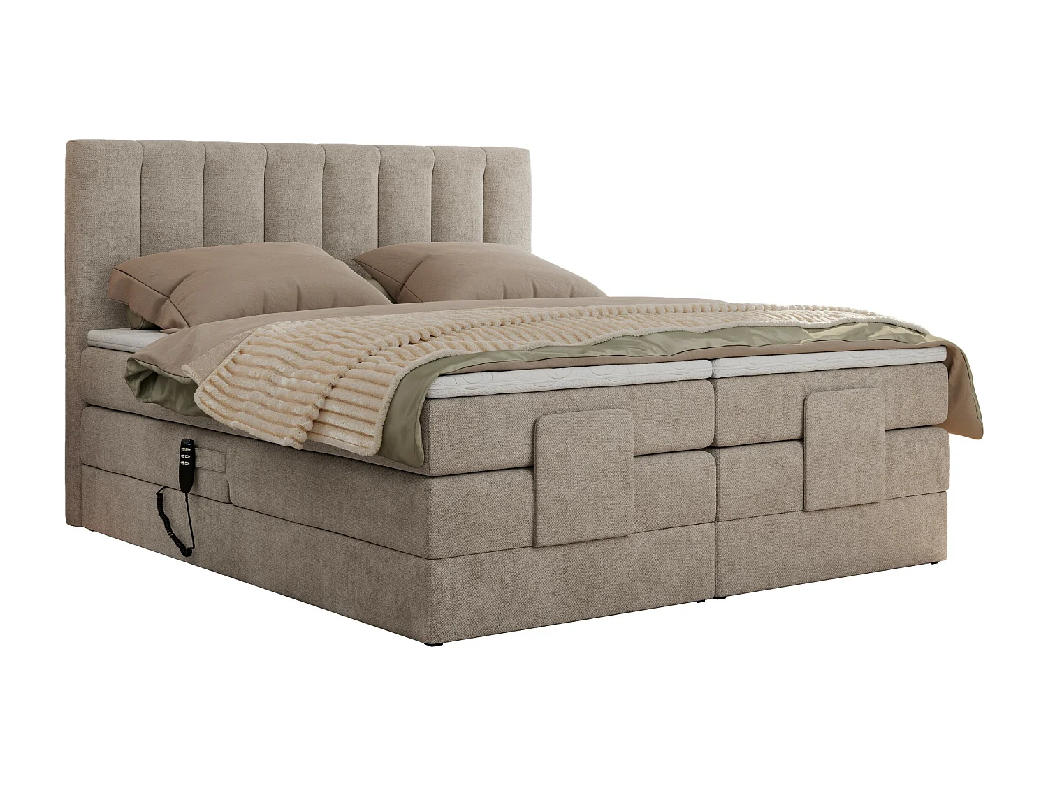 Boxspringbett COMFORTO - Doppelbett, Elektrisch verstellbare, Multipocket-Matratzen und Topper, genähtes Kopfteil - 200x200 cm - H3 - Beige Strukture