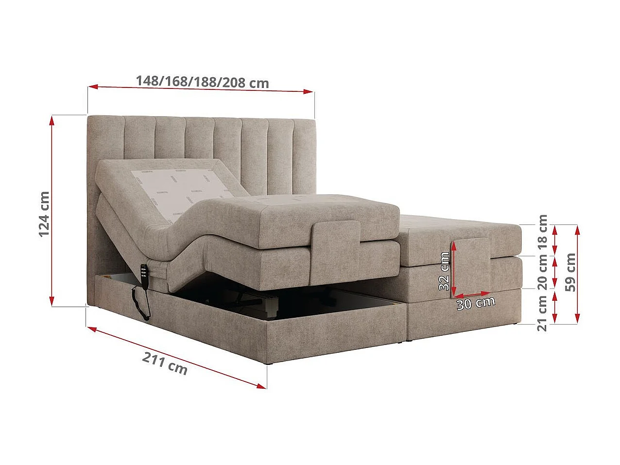 Boxspringbett COMFORTO - Doppelbett, Elektrisch verstellbare, Multipocket-Matratzen und Topper, genähtes Kopfteil - 200x200 cm - H3 - Beige Strukture