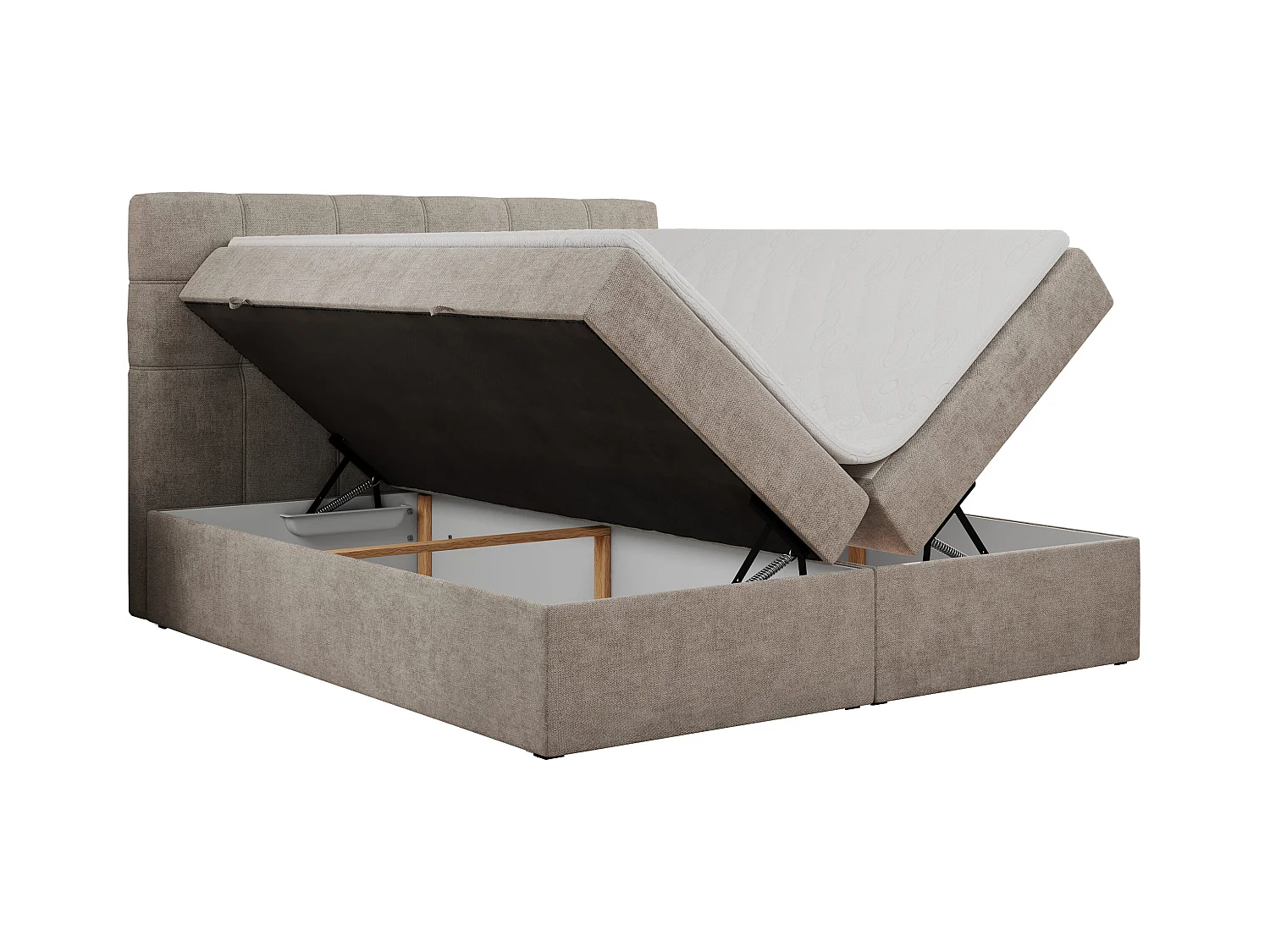 Boxspringbett ERNI - mit gestepptem Kopfteil, Polsterbett, Multipocket-Matratze und Topper, Bettkästen - 200x200 cm - H3 - Beige Stukture