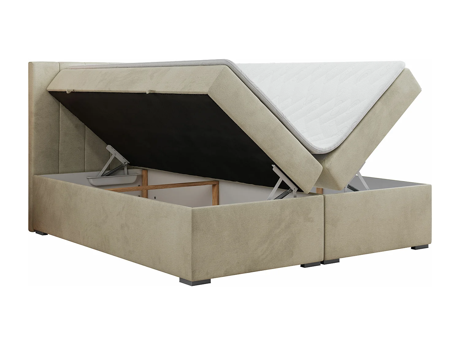 Boxspringbett LOPE - genähtes Kopfteil, Doppelbett mit Stauraum, Multipocket-Matratze, Topper - 160x200 cm - H4 - Beige Velvet