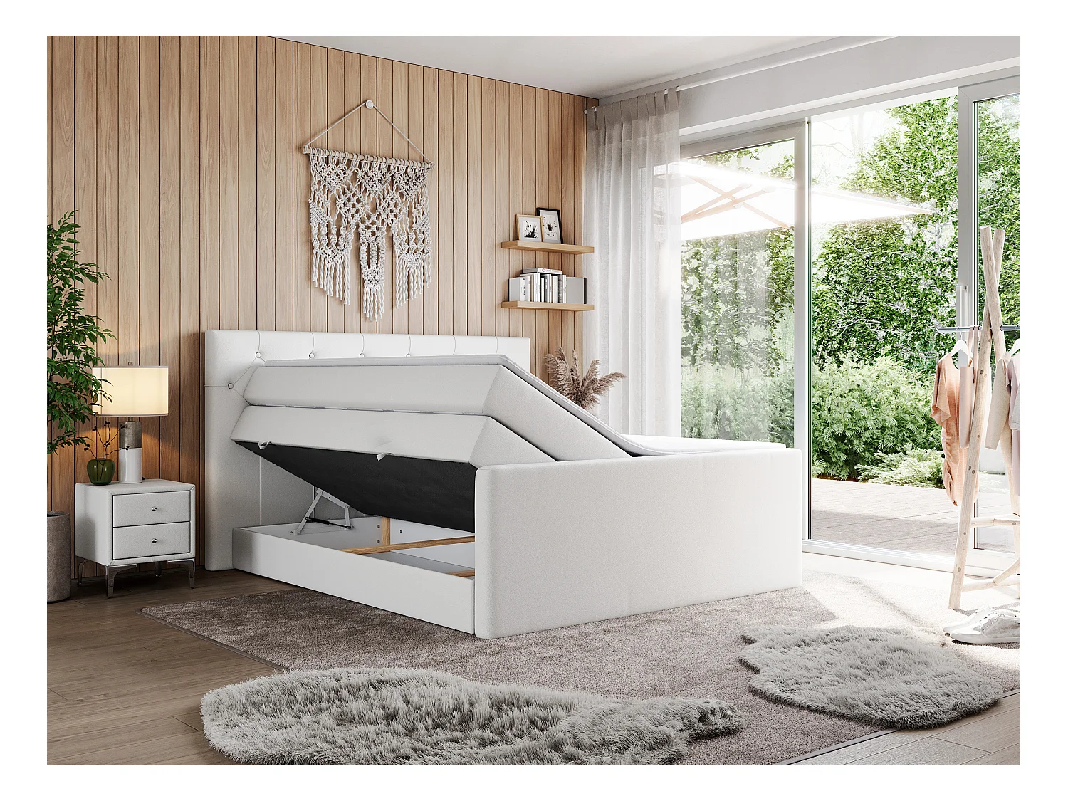 Boxspringbett VELEN KING - Doppelbett mit gestepptem Kopfteil, zwei Multipocket-Matratzen, Polsterbett mit Kopfstütze - 160x200 cm - H4 - Weiß Kunstleder