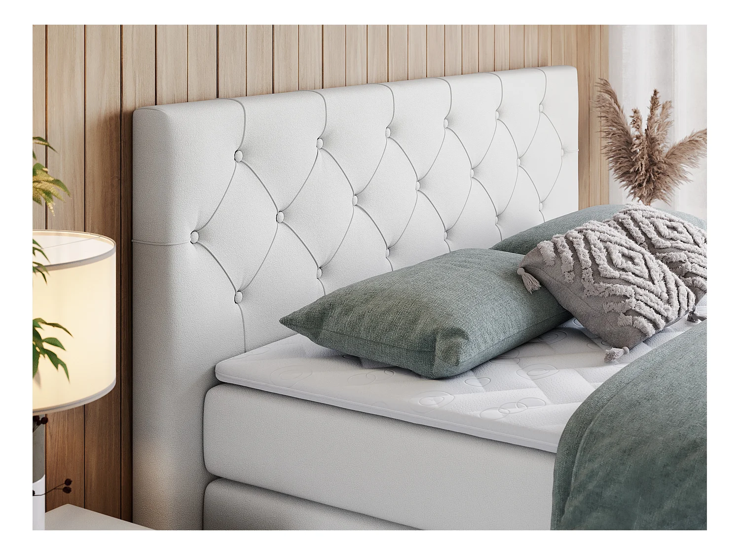 Boxspringbett VELEN KING - Doppelbett mit gestepptem Kopfteil, zwei Multipocket-Matratzen, Polsterbett mit Kopfstütze - 160x200 cm - H4 - Weiß Kunstleder