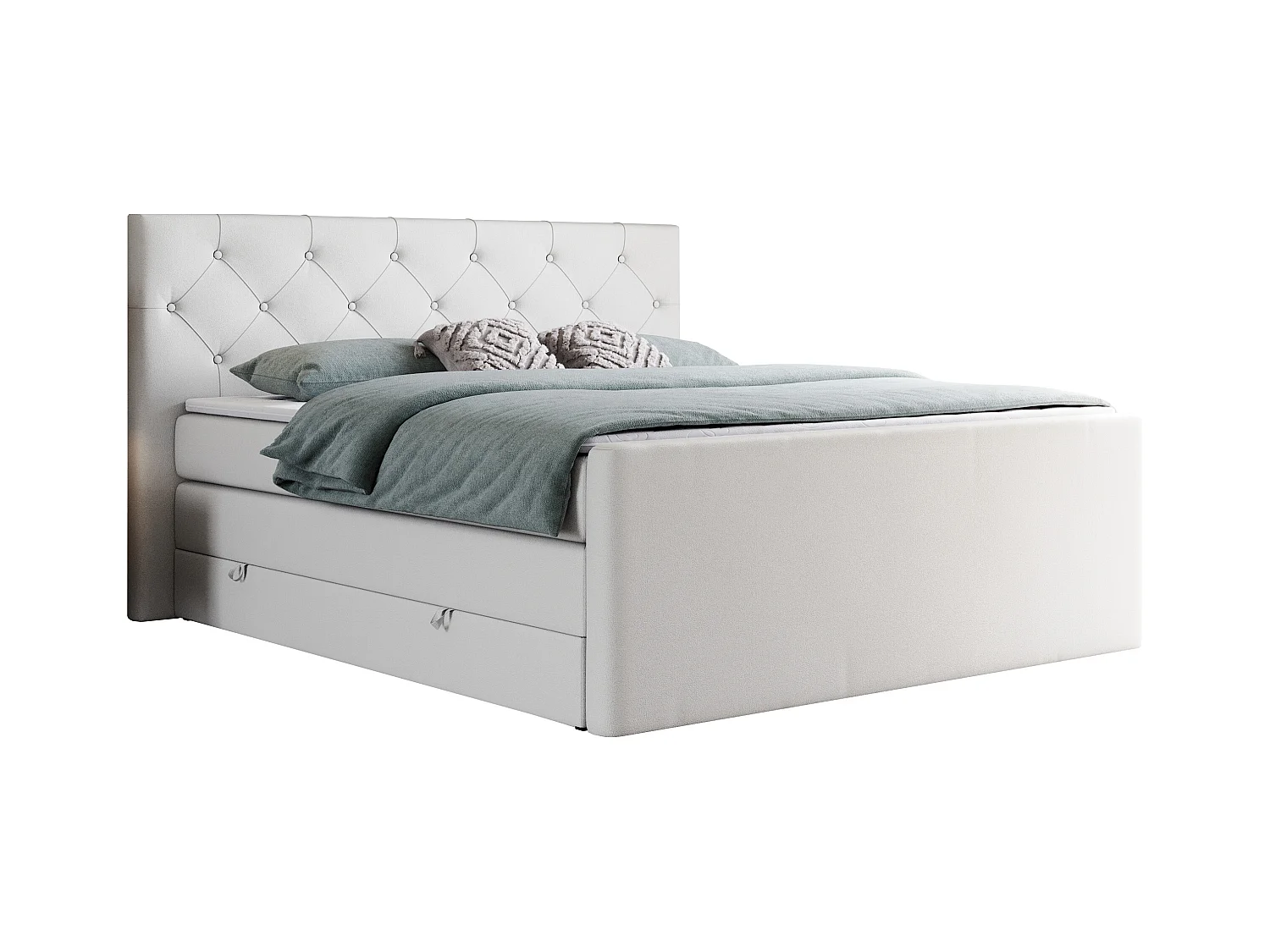 Boxspringbett VELEN KING - Doppelbett mit gestepptem Kopfteil, zwei Multipocket-Matratzen, Polsterbett mit Kopfstütze - 160x200 cm - H4 - Weiß Kunstleder