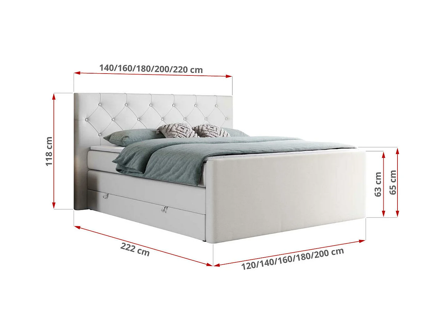 Boxspringbett VELEN KING - Doppelbett mit gestepptem Kopfteil, zwei Multipocket-Matratzen, Polsterbett mit Kopfstütze - 160x200 cm - H4 - Weiß Kunstleder
