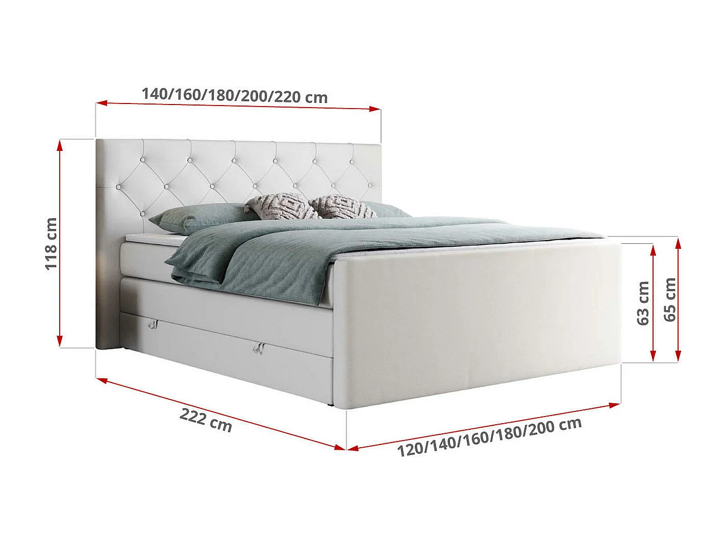 Boxspringbett VELEN KING - Doppelbett mit gestepptem Kopfteil, zwei Multipocket-Matratzen, Polsterbett mit Kopfstütze - 160x200 cm - H4 - Weiß Kunstleder