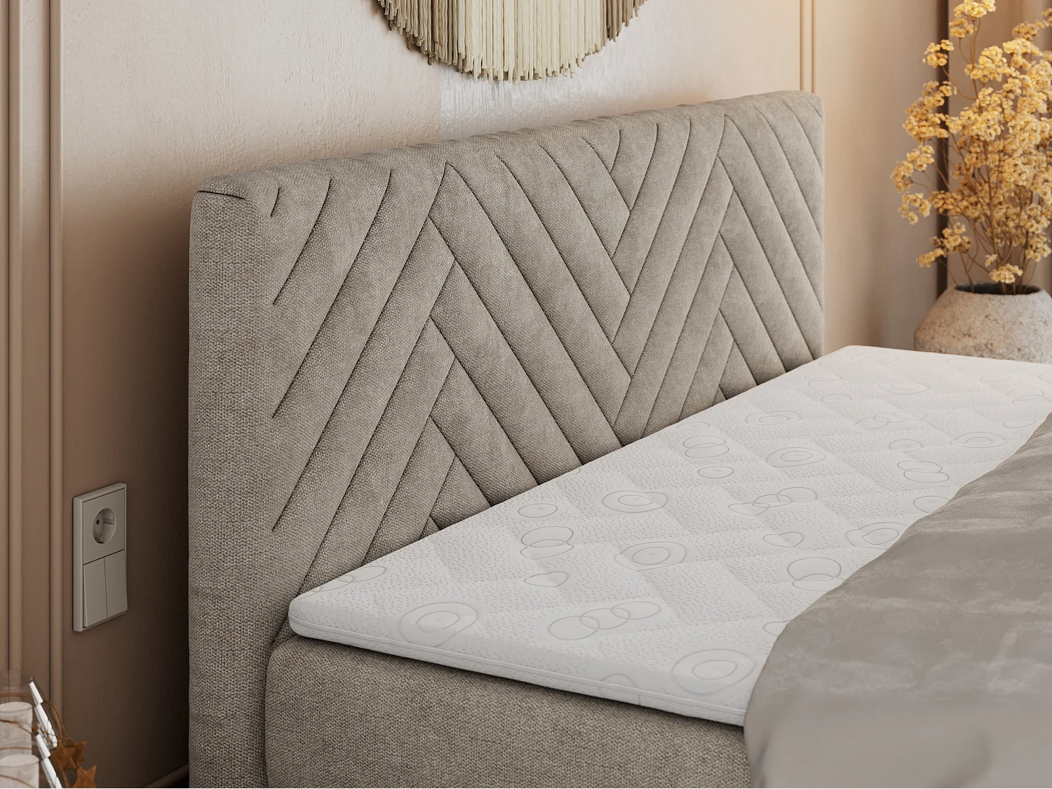 Boxspringbett PARIS KING DUO - dekorative Kopfstütze und Front, zwei Multipocket-Matratze mit Topper - 140x200 cm - H4 - Beige Strukture