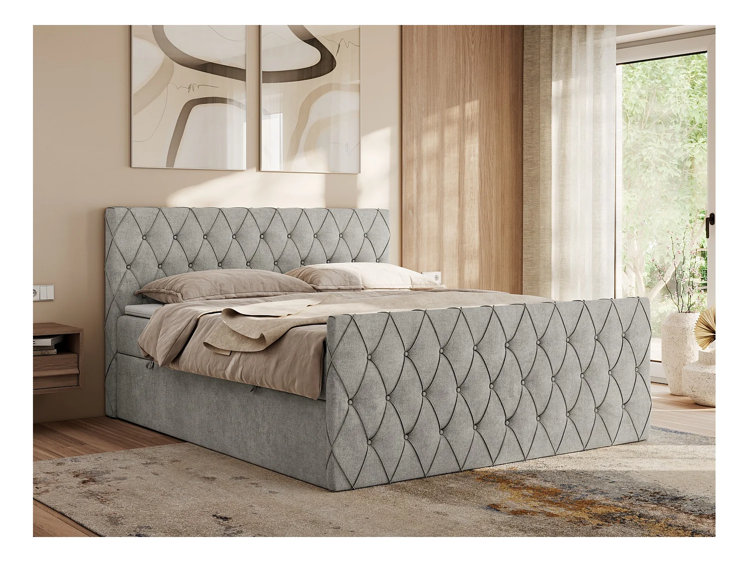 Boxspringbett MIREN DUO - mit gestepptem Kopfteil und Front, Multipocket-Matratze, zwei Bettkästen - 140x200 cm - H4 - Hellgrau Strukture