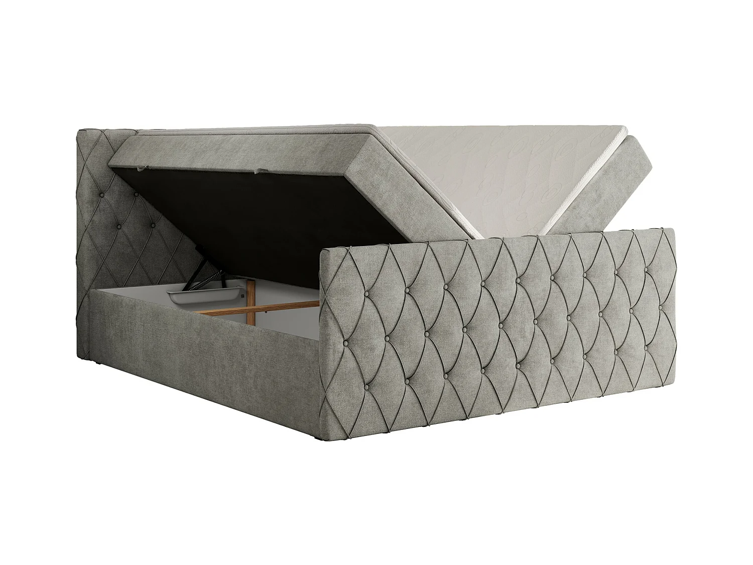 Boxspringbett MIREN DUO - mit gestepptem Kopfteil und Front, Multipocket-Matratze, zwei Bettkästen - 140x200 cm - H4 - Hellgrau Strukture
