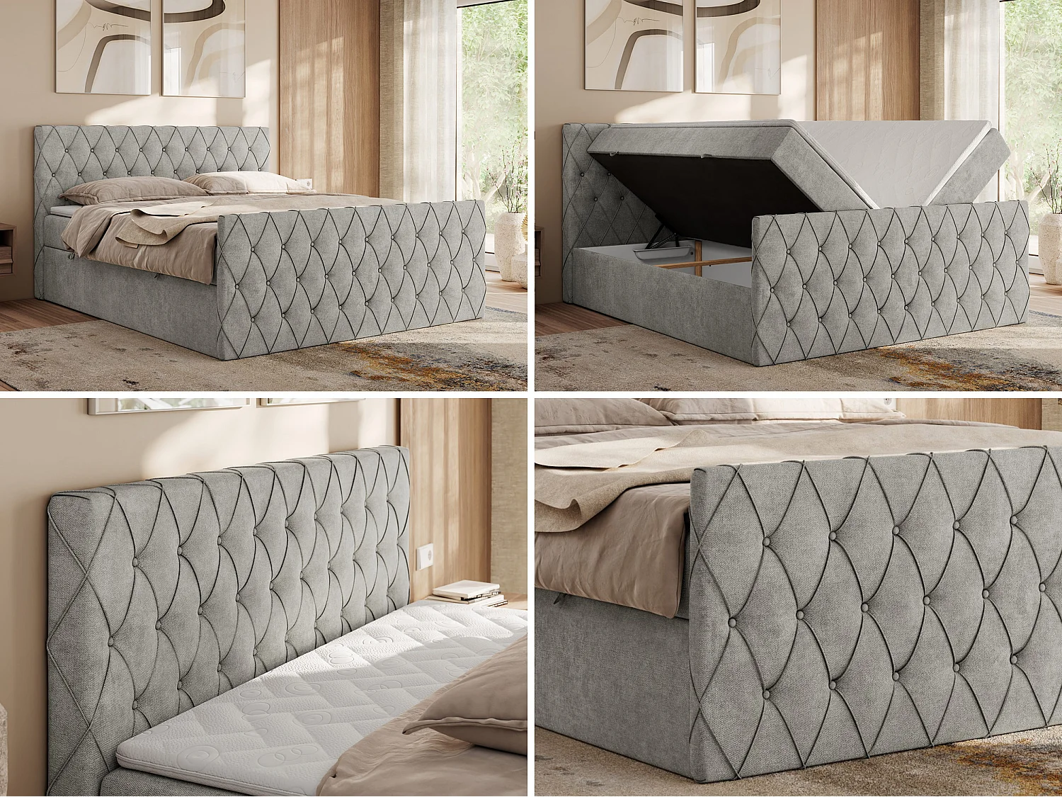 Boxspringbett MIREN DUO - mit gestepptem Kopfteil und Front, Multipocket-Matratze, zwei Bettkästen - 140x200 cm - H4 - Hellgrau Strukture