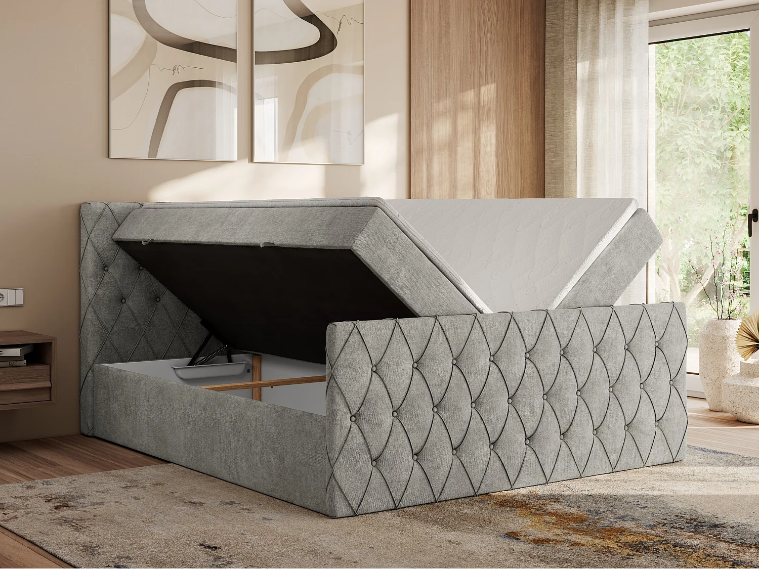 Boxspringbett MIREN DUO - mit gestepptem Kopfteil und Front, Multipocket-Matratze, zwei Bettkästen - 140x200 cm - H4 - Hellgrau Strukture