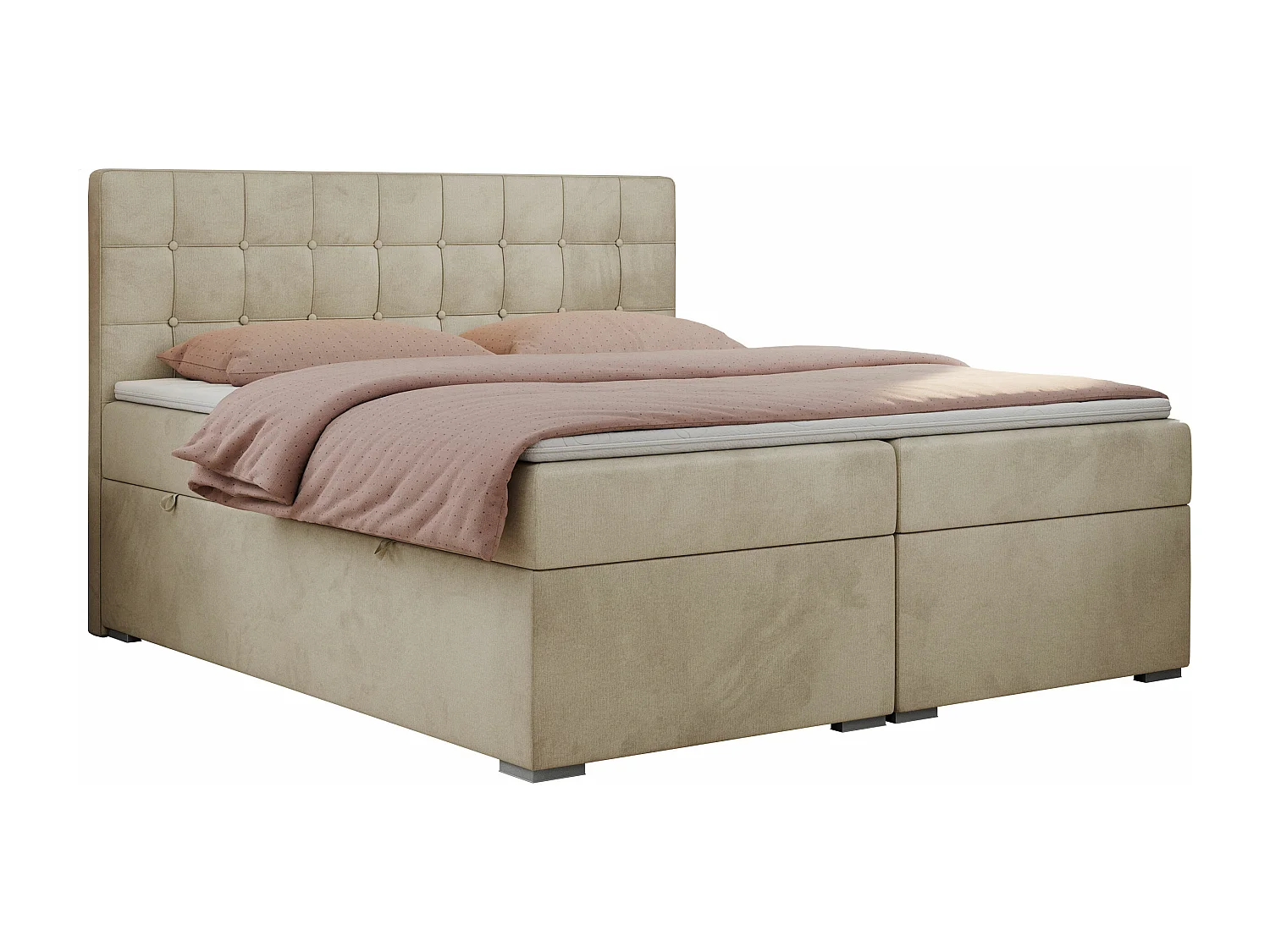 Boxspringbett CARMEN - Polsterbett mit zwei Bettkästen, gesteppte Kopfstütze, Multipocket-Matratze - 160x200 cm - H4 - Beige Velvet