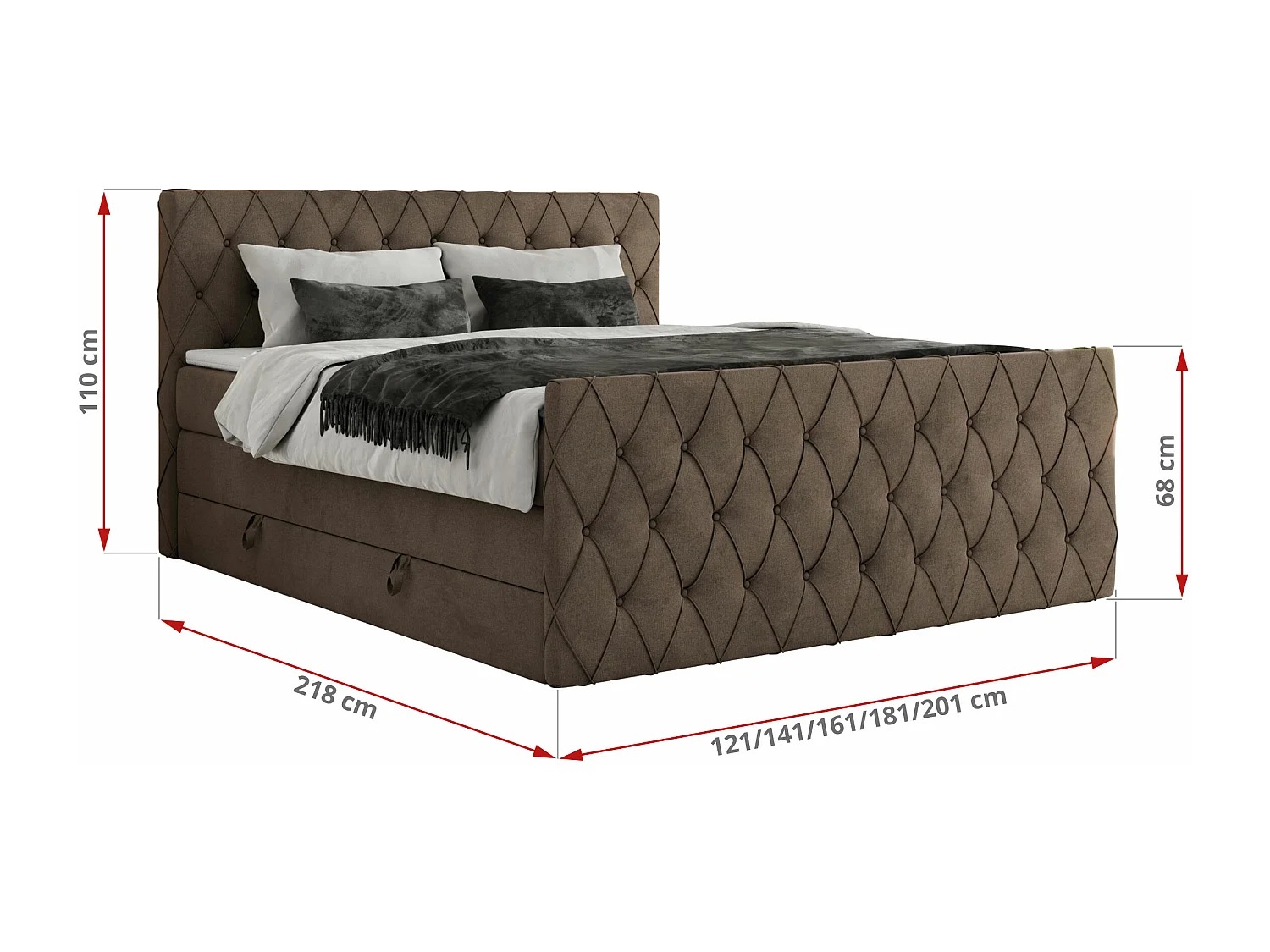 Boxspringbett MIREN KING DUO - für Schlafzimmer mit zwei Multipocket-Matratzen und Topper, gestepptes Kopfteil und Front  - 120x200 cm - H4 - Braun Velvet