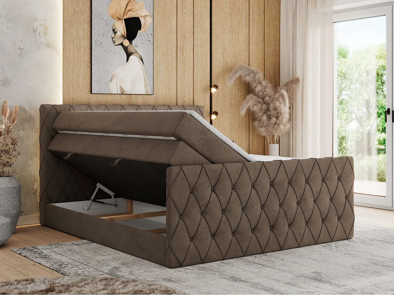 Boxspringbett MIREN KING DUO - für Schlafzimmer mit zwei Multipocket-Matratzen und Topper, gestepptes Kopfteil und Front  - 120x200 cm - H4 - Braun Velvet
