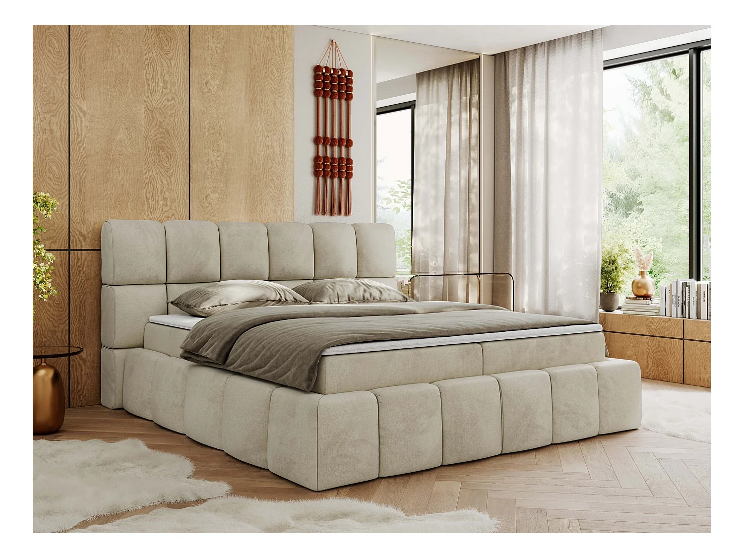 Boxspringbett NIRA - dekorativ kopfteil, Bettkästen und Multipocket-Matratze, Doppelbett für Schlafzimmer - 200x200 cm - H4 - Beige Velvet