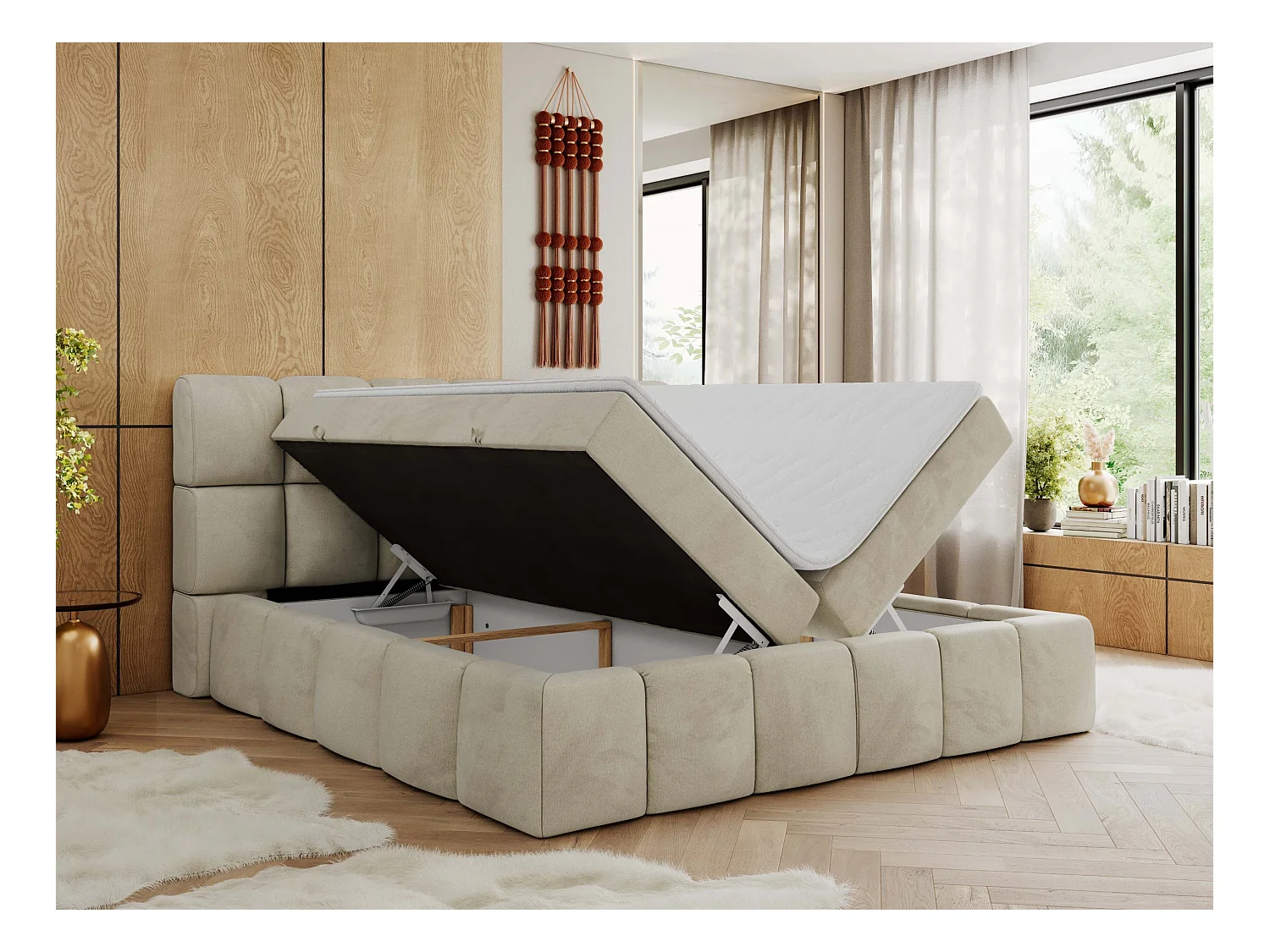 Boxspringbett NIRA - dekorativ kopfteil, Bettkästen und Multipocket-Matratze, Doppelbett für Schlafzimmer - 200x200 cm - H4 - Beige Velvet