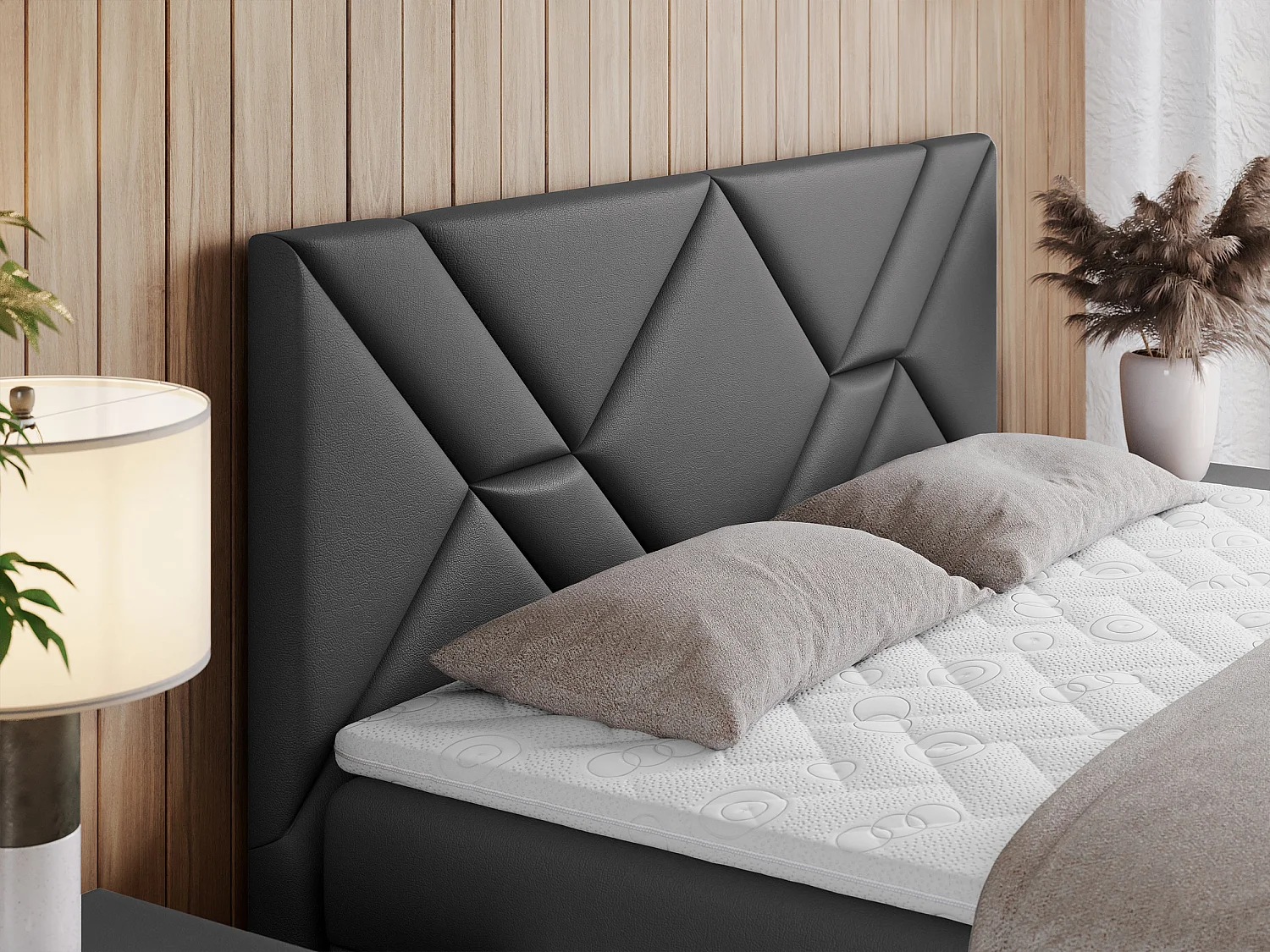 Boxspringbett NEOMI - dekorativem Kopfteil, Polsterbett mit Multipocket-Matratzen, zwei Bettkästen - 180x200 cm - H4 - Hellgrau Strukture