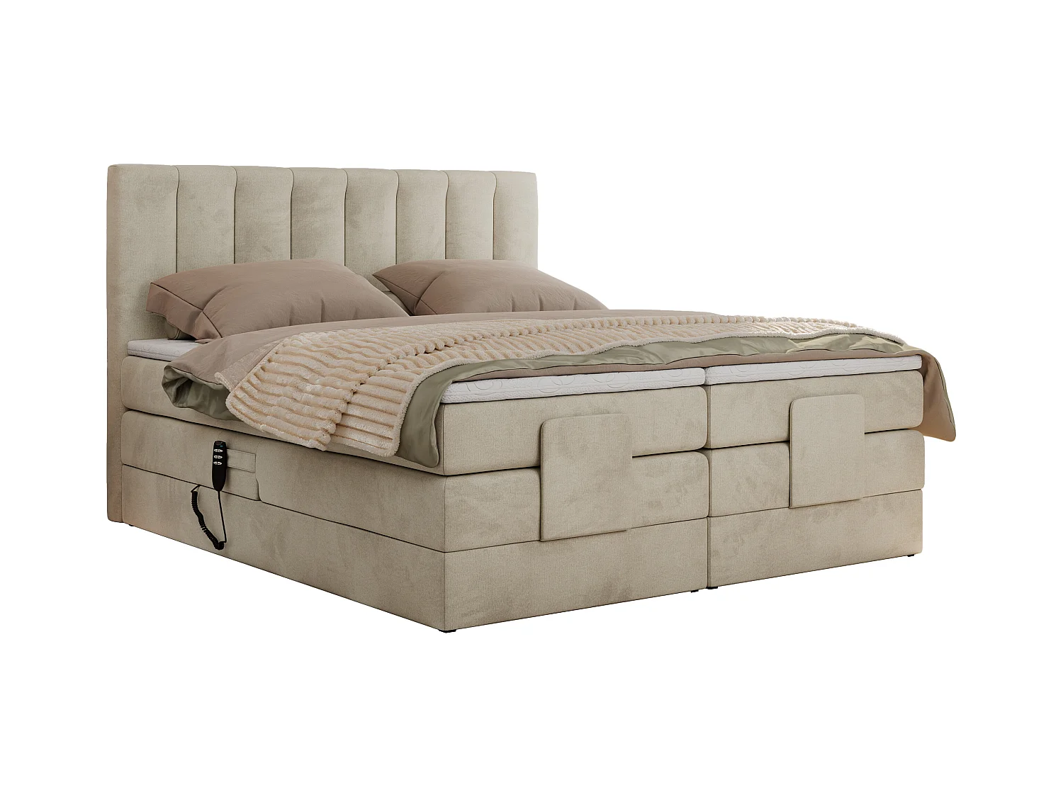 Boxspringbett COMFORTO - Doppelbett, Elektrisch verstellbare, Multipocket-Matratzen und Topper, genähtes Kopfteil - 180x200 cm - H4 - Beige Velvet