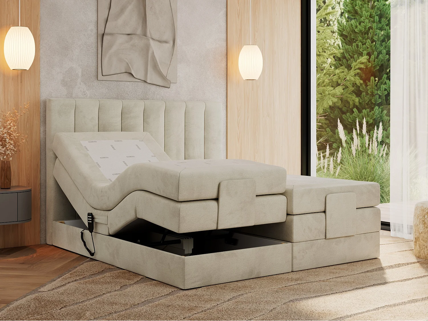Boxspringbett COMFORTO - Doppelbett, Elektrisch verstellbare, Multipocket-Matratzen und Topper, genähtes Kopfteil - 180x200 cm - H4 - Beige Velvet