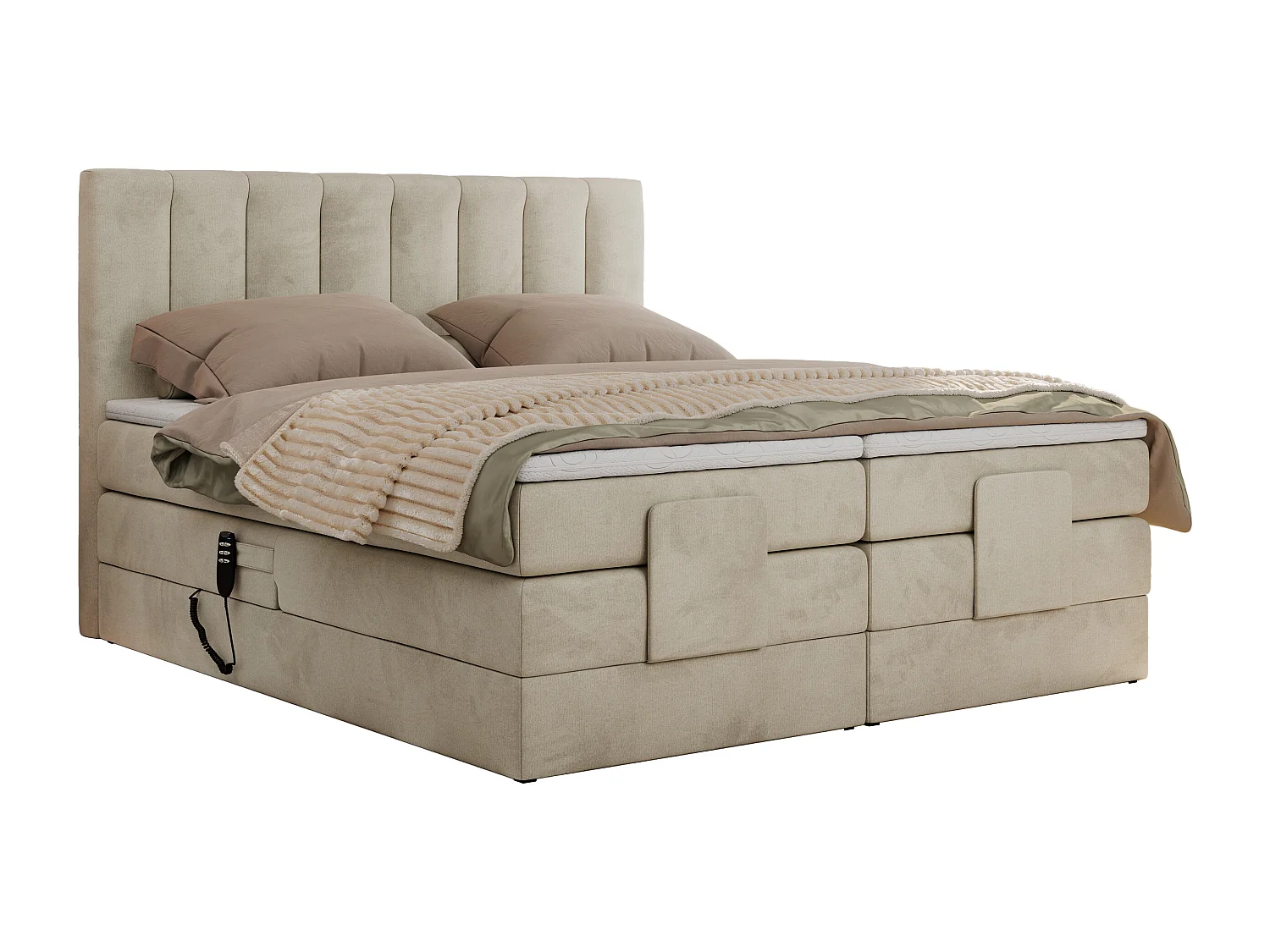 Boxspringbett COMFORTO - Doppelbett, Elektrisch verstellbare, Multipocket-Matratzen und Topper, genähtes Kopfteil - 180x200 cm - H4 - Beige Velvet