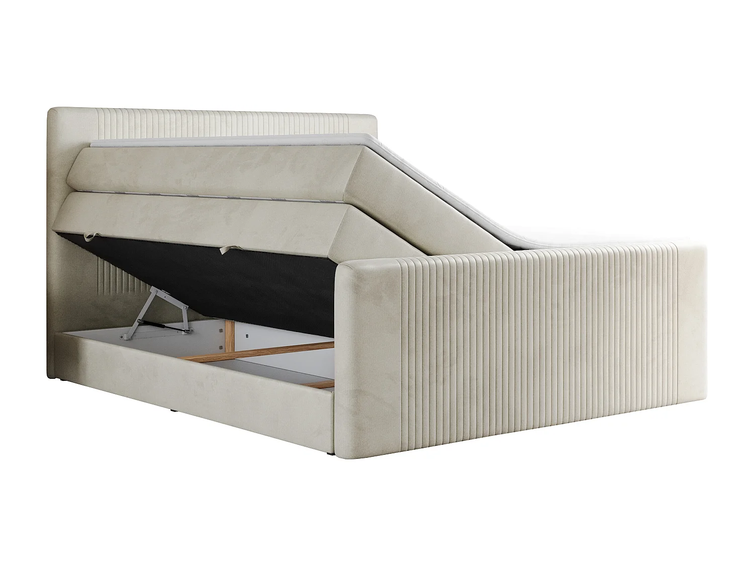 Boxspringbett DOREN KING - mit gesteppter Front und Kopfteil, zwei Multipocket-Matratzen und Topper, Doppelbett - 180x200 cm - H3 - Beige Velvet