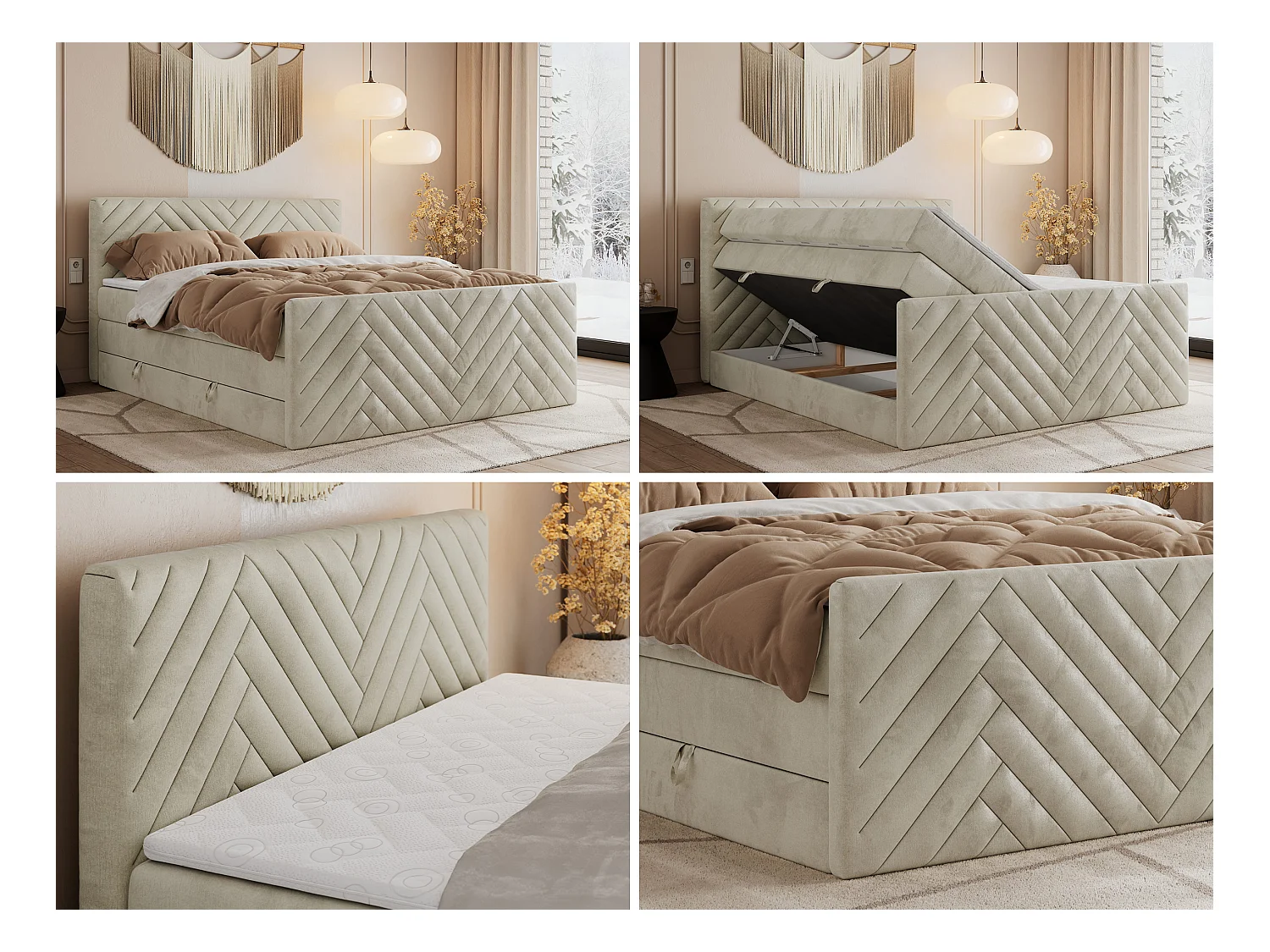 Boxspringbett PARIS KING DUO - dekorative Kopfstütze und Front, zwei Multipocket-Matratze mit Topper - 200x200 cm - H3 - Beige Velvet