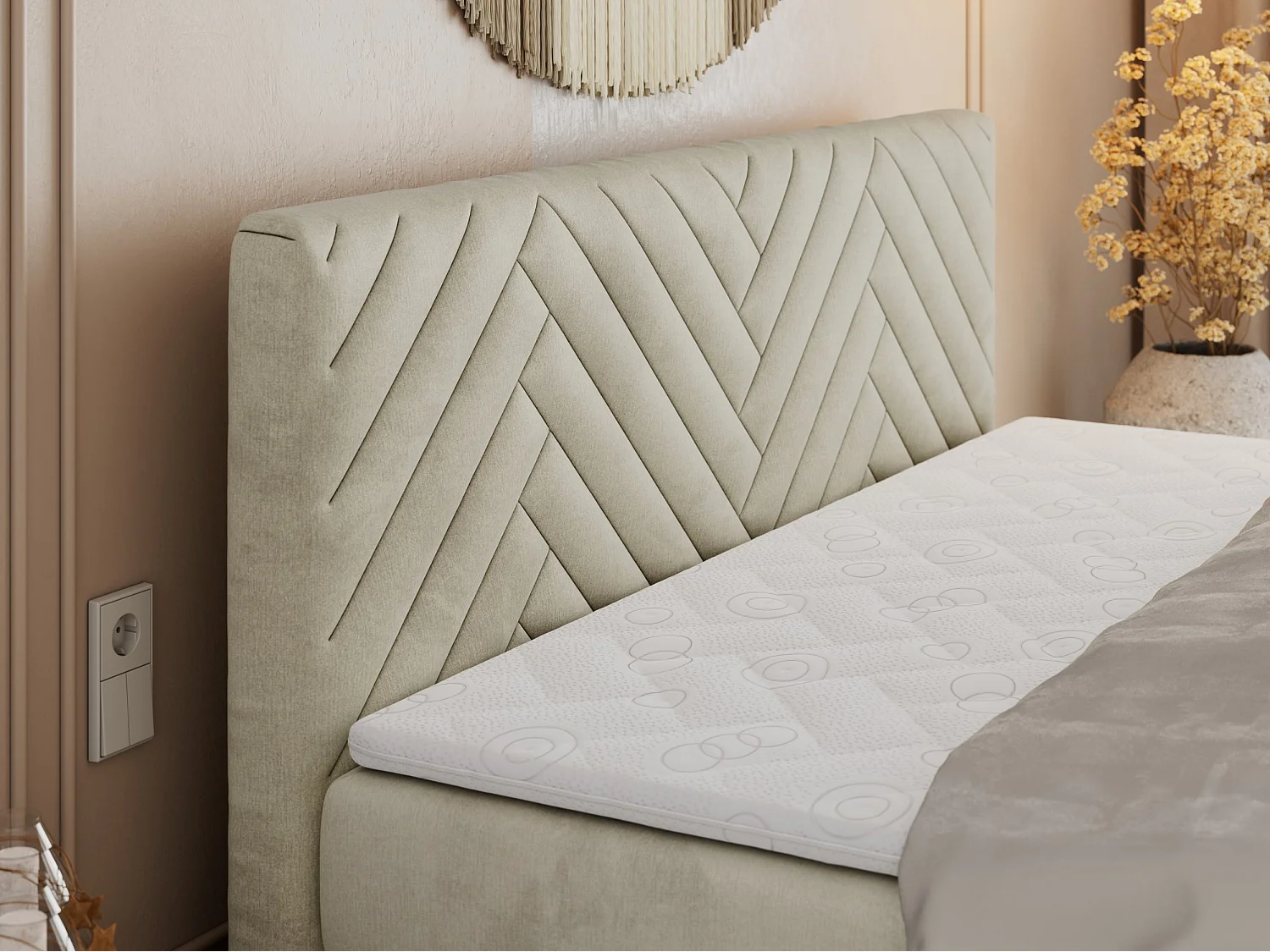 Boxspringbett PARIS KING DUO - dekorative Kopfstütze und Front, zwei Multipocket-Matratze mit Topper - 200x200 cm - H3 - Beige Velvet