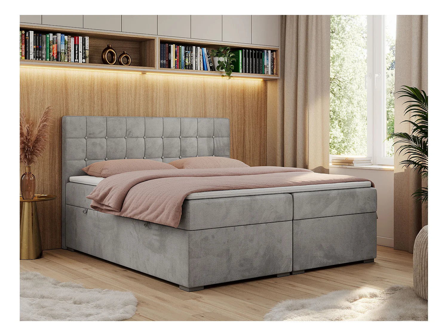 Boxspringbett CARMEN - Polsterbett mit zwei Bettkästen, gesteppte Kopfstütze, Multipocket-Matratze - 160x200 cm - H3 - Hellgrau Velvet