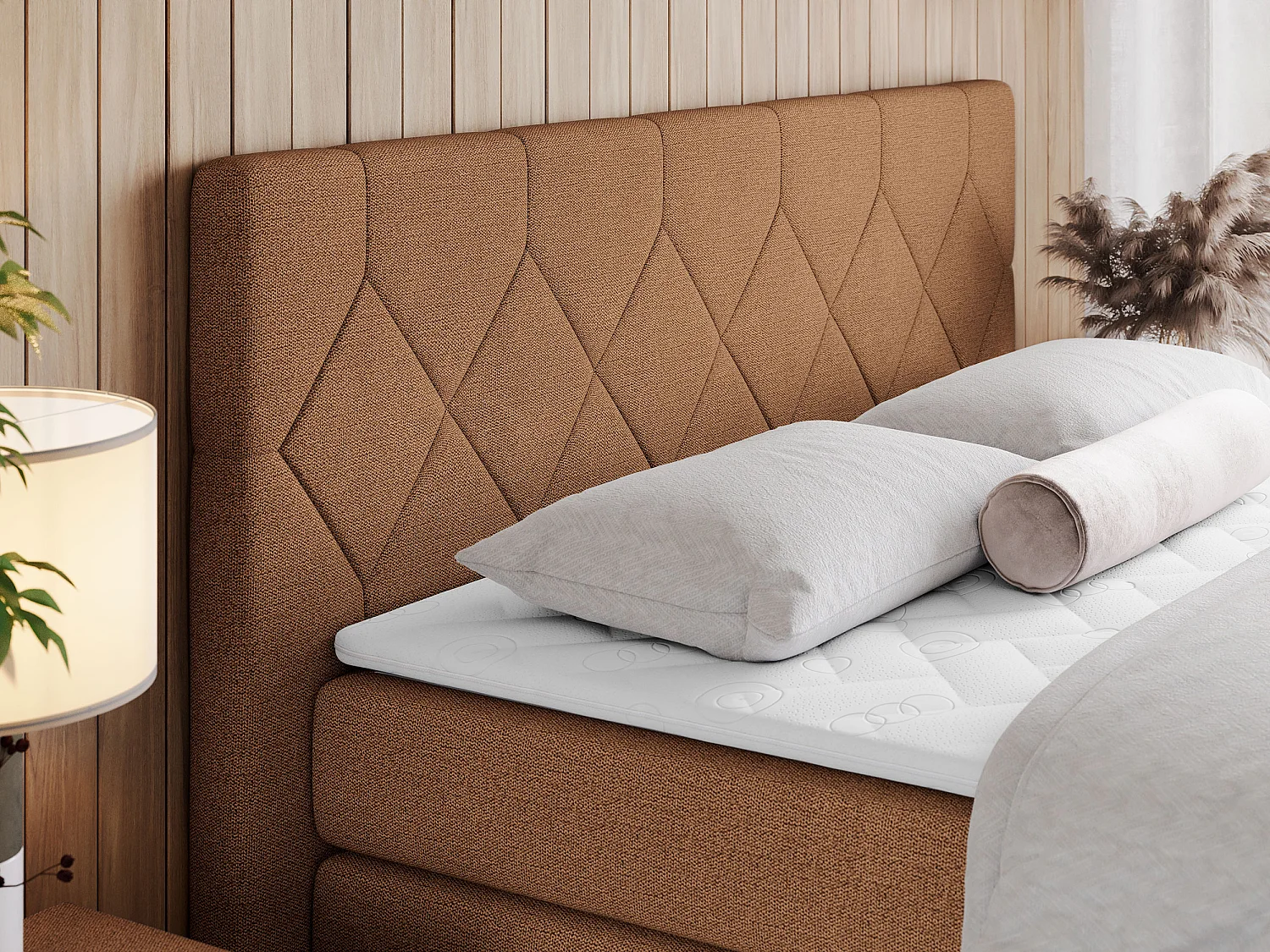 Boxspringbett EIGAR KING - Doppelbett mit genähtem Kopfteil, zwei Multipocket-Matratzen, Polsterbett für Schlafzimmer - 120x200 cm - H3 - Orange Strukture