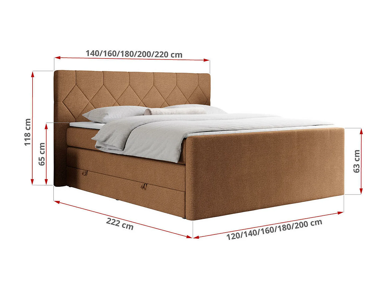 Boxspringbett EIGAR KING - Doppelbett mit genähtem Kopfteil, zwei Multipocket-Matratzen, Polsterbett für Schlafzimmer - 120x200 cm - H3 - Orange Strukture
