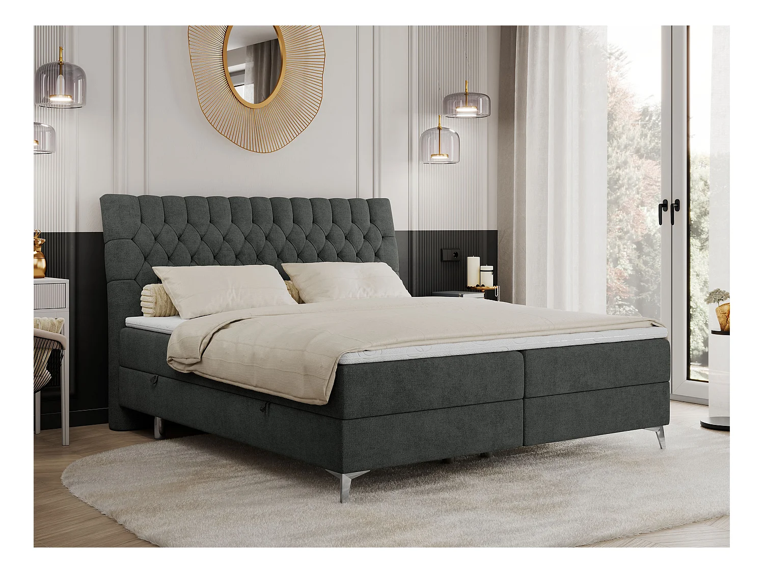 Boxspringbett MILEN - gepolstertes Schlafzimmerbett, zwei Multipocket-Matratze, dekorative hohe Beine - 120x200 cm - H4 - Dunkelgrau Strukture