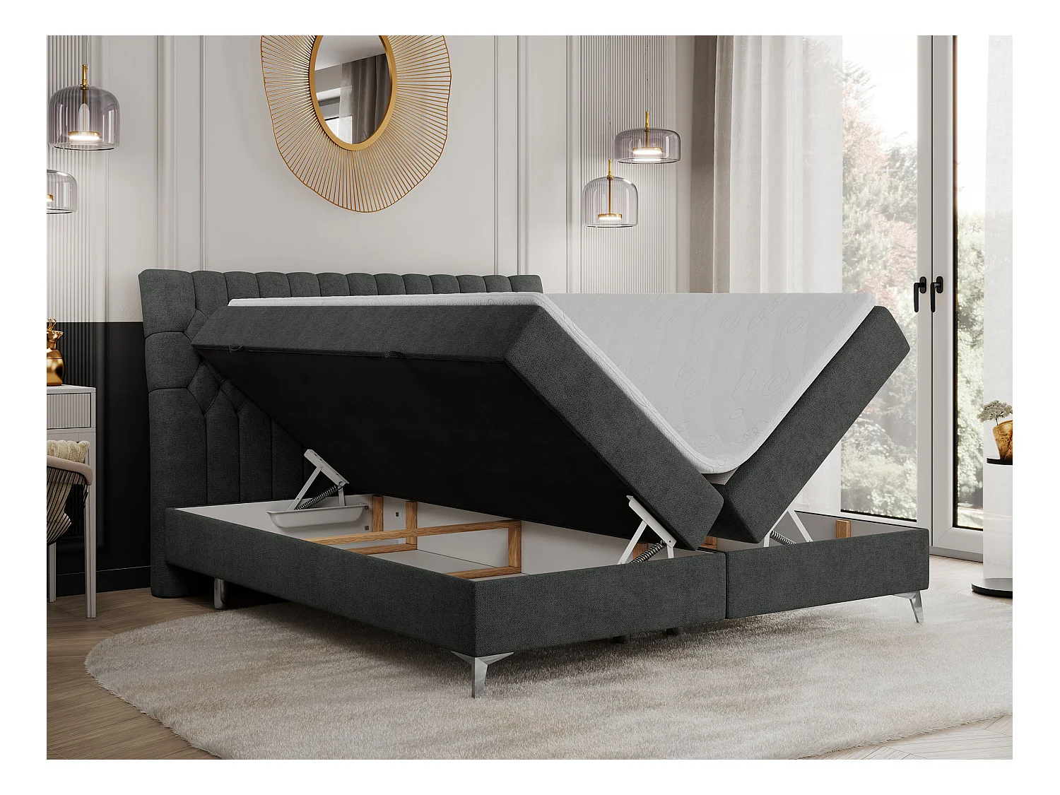 Boxspringbett MILEN - gepolstertes Schlafzimmerbett, zwei Multipocket-Matratze, dekorative hohe Beine - 120x200 cm - H4 - Dunkelgrau Strukture