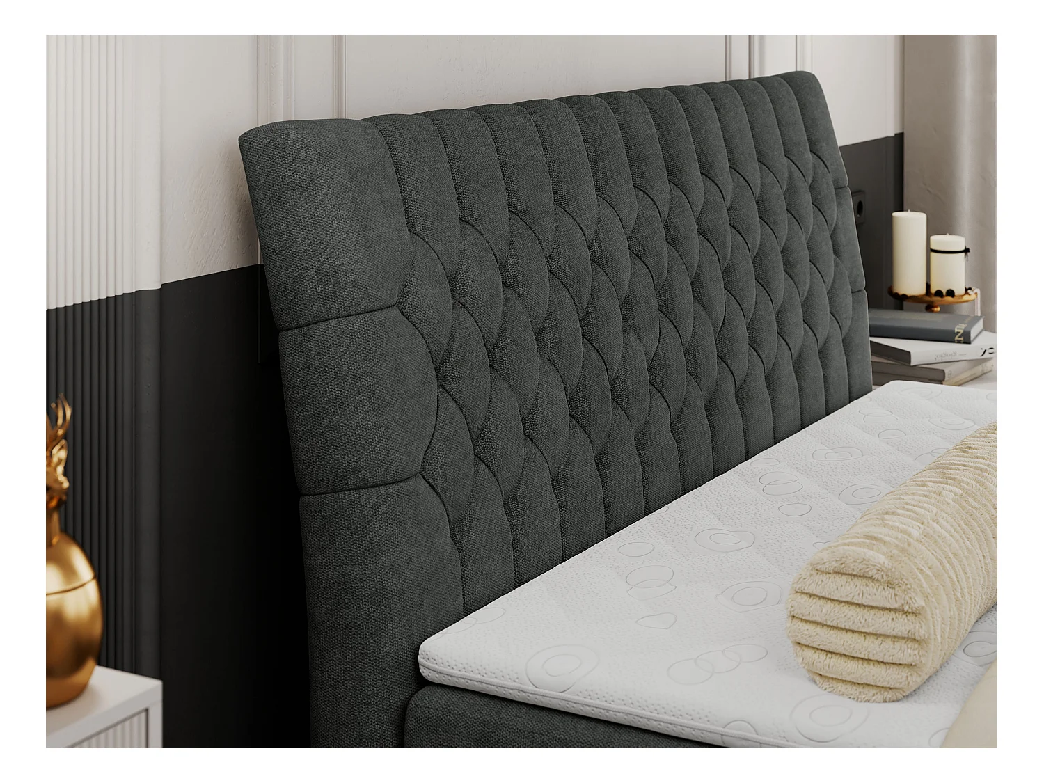 Boxspringbett MILEN - gepolstertes Schlafzimmerbett, zwei Multipocket-Matratze, dekorative hohe Beine - 120x200 cm - H4 - Dunkelgrau Strukture
