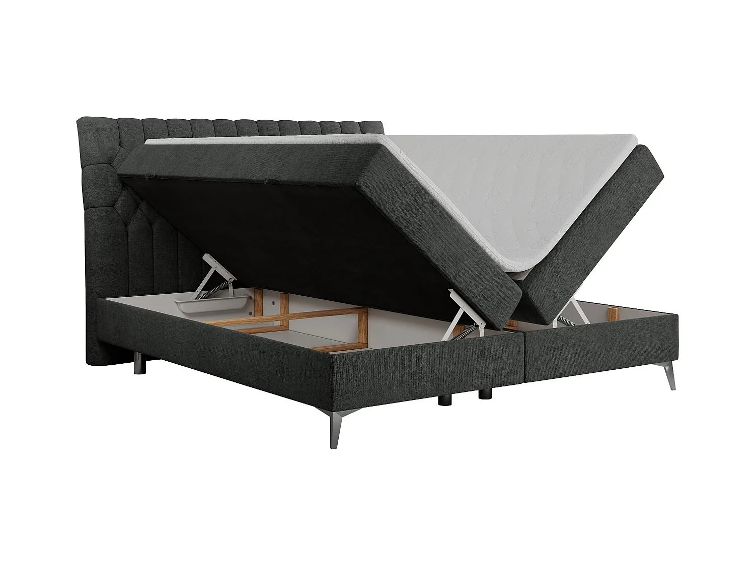 Boxspringbett MILEN - gepolstertes Schlafzimmerbett, zwei Multipocket-Matratze, dekorative hohe Beine - 120x200 cm - H4 - Dunkelgrau Strukture