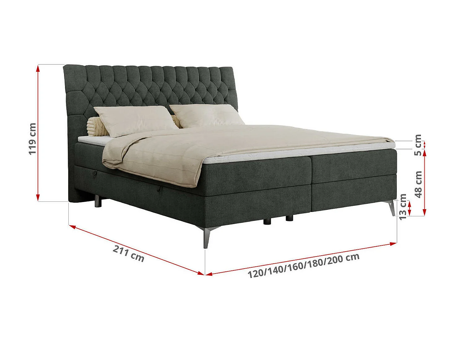 Boxspringbett MILEN - gepolstertes Schlafzimmerbett, zwei Multipocket-Matratze, dekorative hohe Beine - 120x200 cm - H4 - Dunkelgrau Strukture