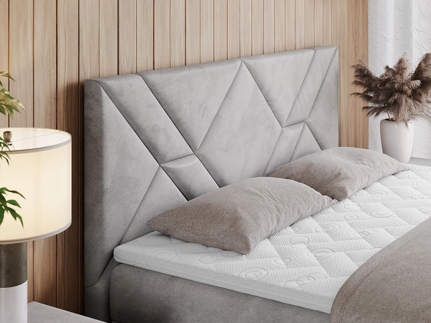 Boxspringbett NEOMI - dekorativem Kopfteil, Polsterbett mit Multipocket-Matratzen, zwei Bettkästen - 120x200 cm - H3 - Hellgrau Strukture