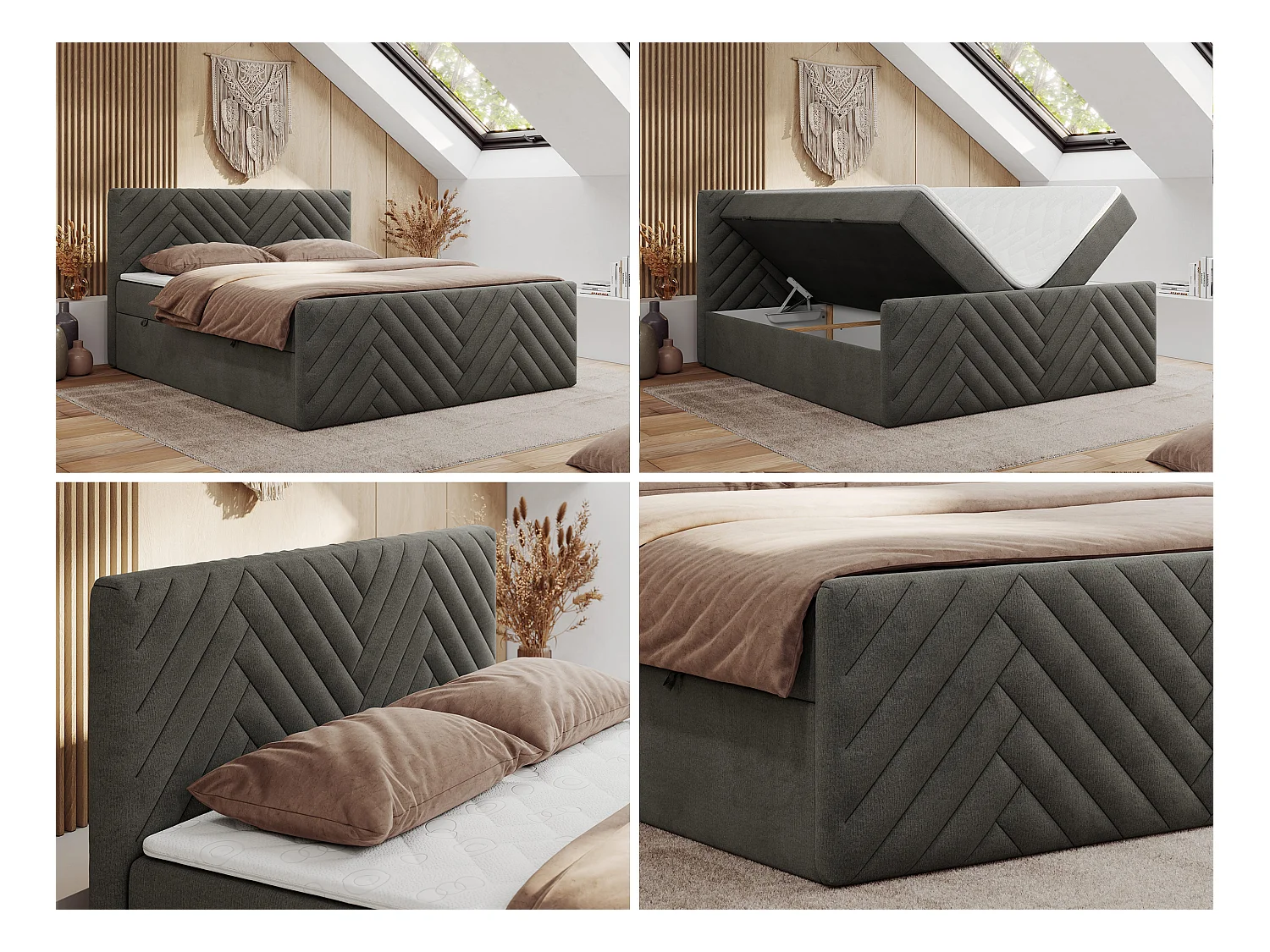 Boxspringbett PARIS DUO - Polsterbett mit genähtem Kopfteil und Frontplatte, Doppelbett, zwei Bettkästen - 200x200 cm - H3 - Dunkelgrau Velvet