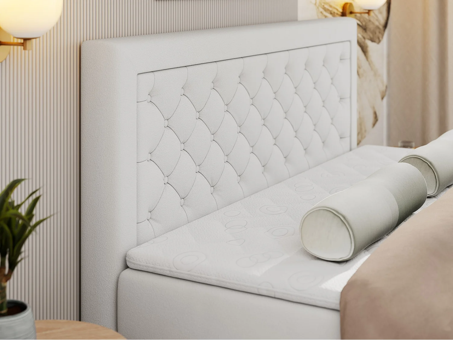 Boxspringbett JASIR - mit gestepptem Kopfteil, Doppelbett für Schlafzimmer, Multipocket-Matratze, Stauraum - 160x200 cm - H4 - Weiß Kunstleder