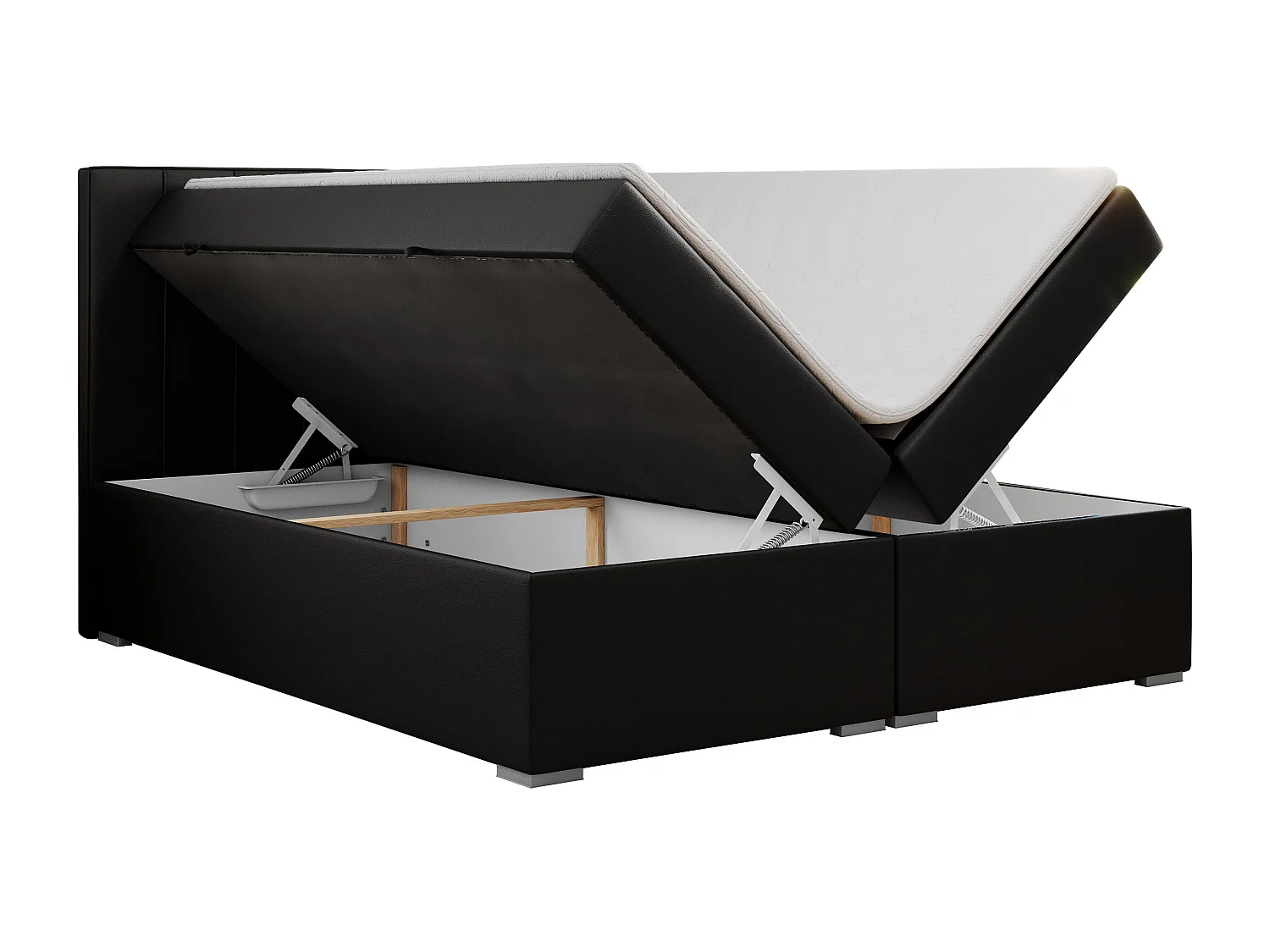 Boxspringbett ALLY - gestreiftes, genähtes Kopfteil, zwei Bettkästen, Multipocket-Matratzen, Praktisch Polsterbett - 180x200 cm - H3 - Schwarz Kunstleder