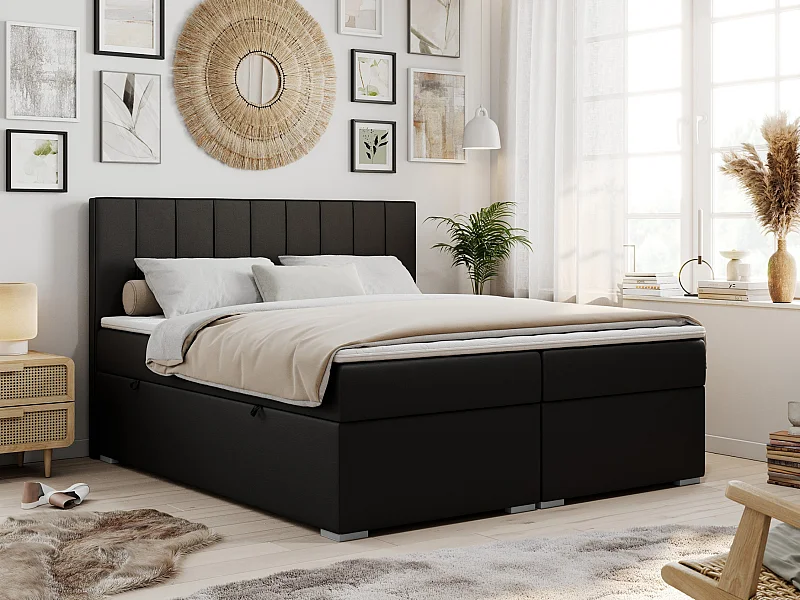 Boxspringbett ALLY - gestreiftes, genähtes Kopfteil, zwei Bettkästen, Multipocket-Matratzen, Praktisch Polsterbett - 180x200 cm - H3 - Schwarz Kunstleder