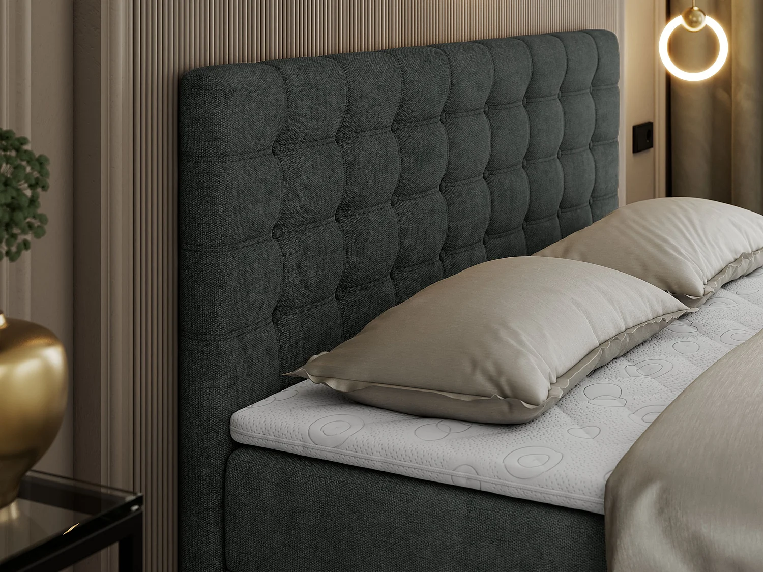 Boxspringbett SUSAN - mit gestepptem Kopfteil, zwei Bettkästen und Topper, gepolstertes Schlafzimmerbett - 160x200 cm - H4 - Dunkelgrau Stukture