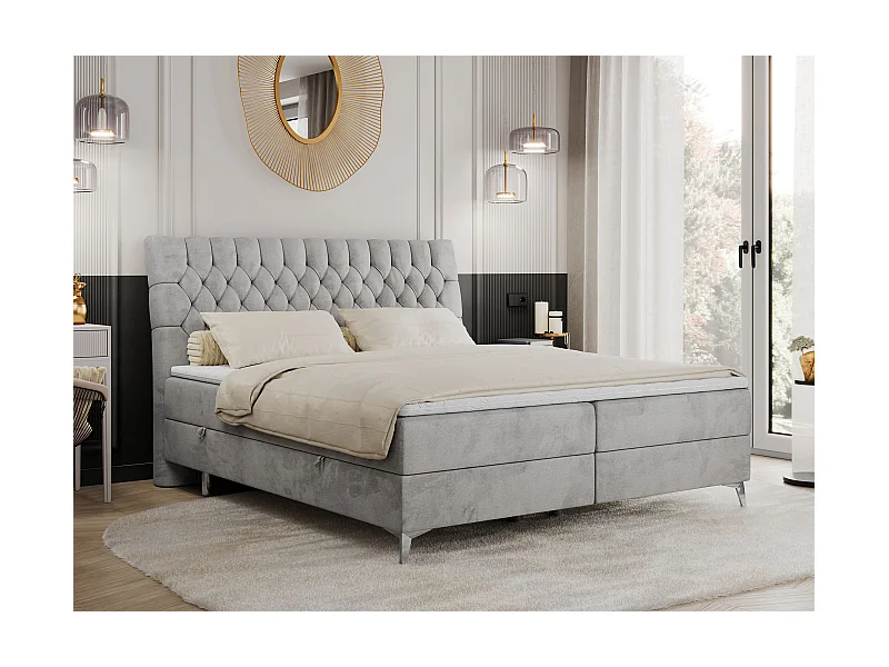 Boxspringbett MILEN - gepolstertes Schlafzimmerbett, zwei Multipocket-Matratze, dekorative hohe Beine - 160x200 cm - H3 - Hellgrau Velvet